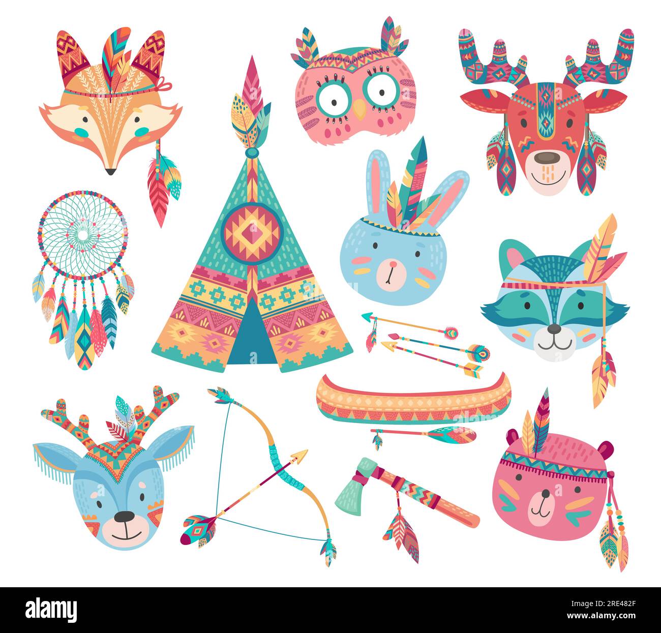 Cute native american or indian animal vector icons with tribal feather headdresses, arrows, dream catcher and tepee, bow, tomahawk, canoe. Baby bear, rabbit or bunny, fox, owl, racoon and deer faces Stock Vector