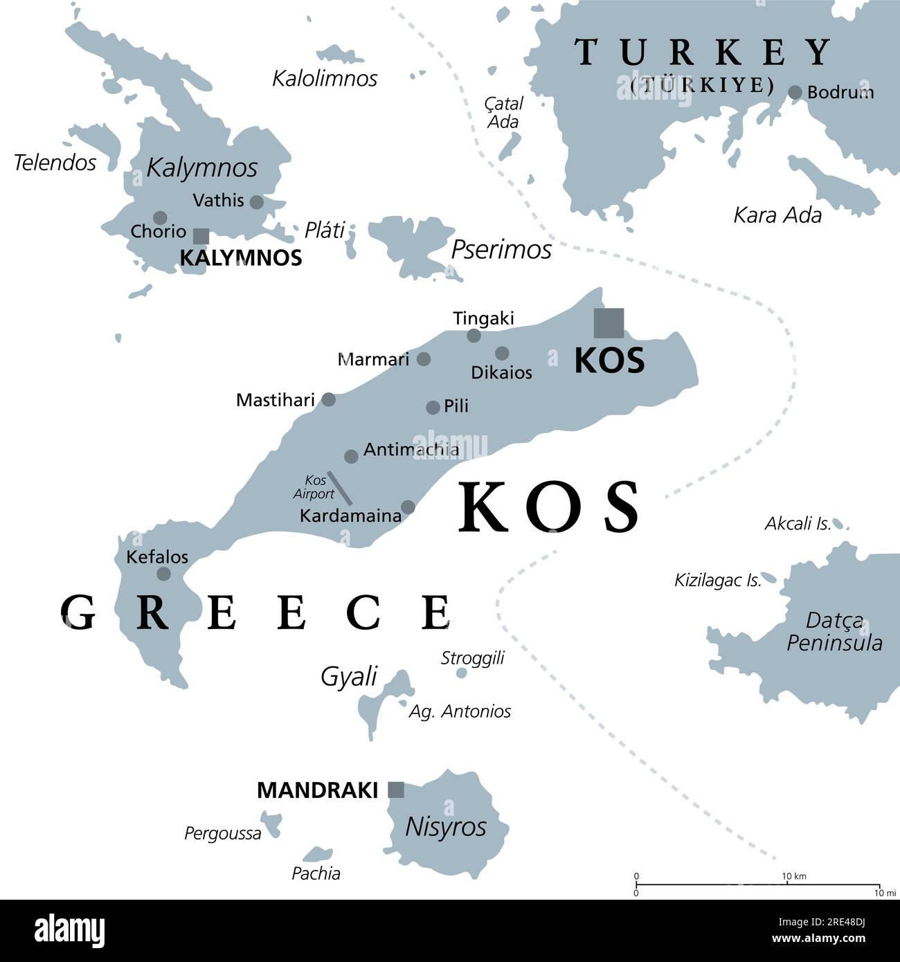 Kos, Greek island, gray political map. Also Cos, part of the Dodecanese Islands in the Aegean