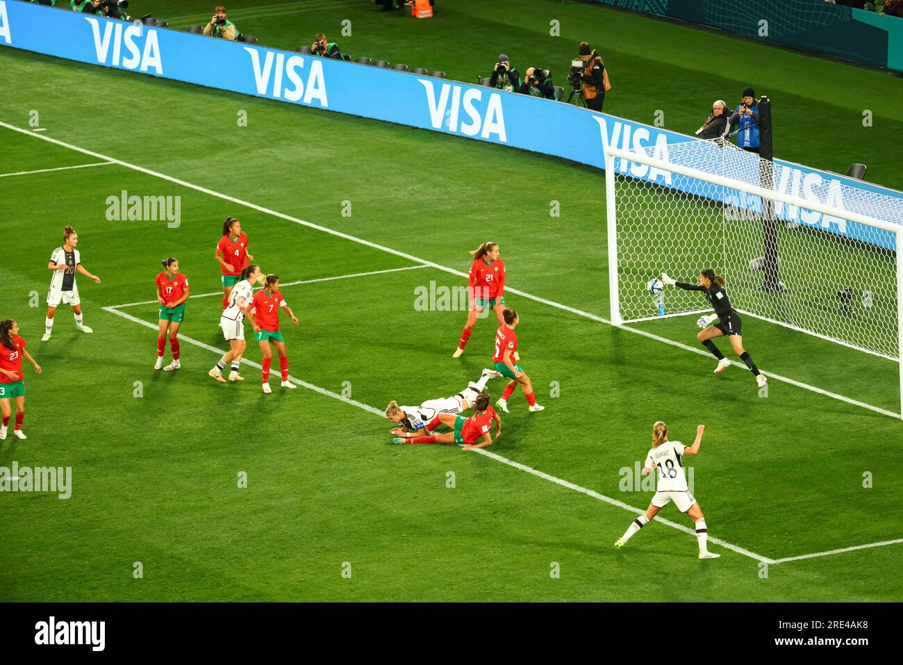 Goalkeeper Khadija Er-Rmichi of Morocco in action during the FIFA Women's World Cup Australia & New Zealand 2023 Group match between Germany and Morocco at Melbourne Rectangular Stadium. Germany won the game 6-0. Stock Photo