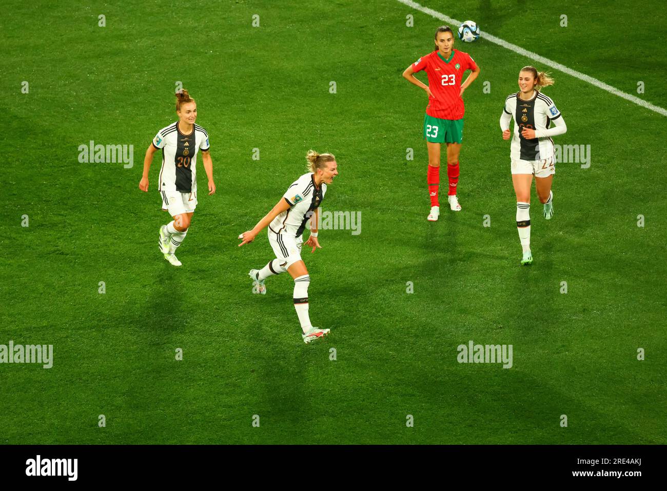 Alexandra Popp-Hoppe (C) of Germany celebrates a goal during the FIFA Women's World Cup Australia & New Zealand 2023 Group match between Germany and Morocco at Melbourne Rectangular Stadium. Germany won the game 6-0. Stock Photo