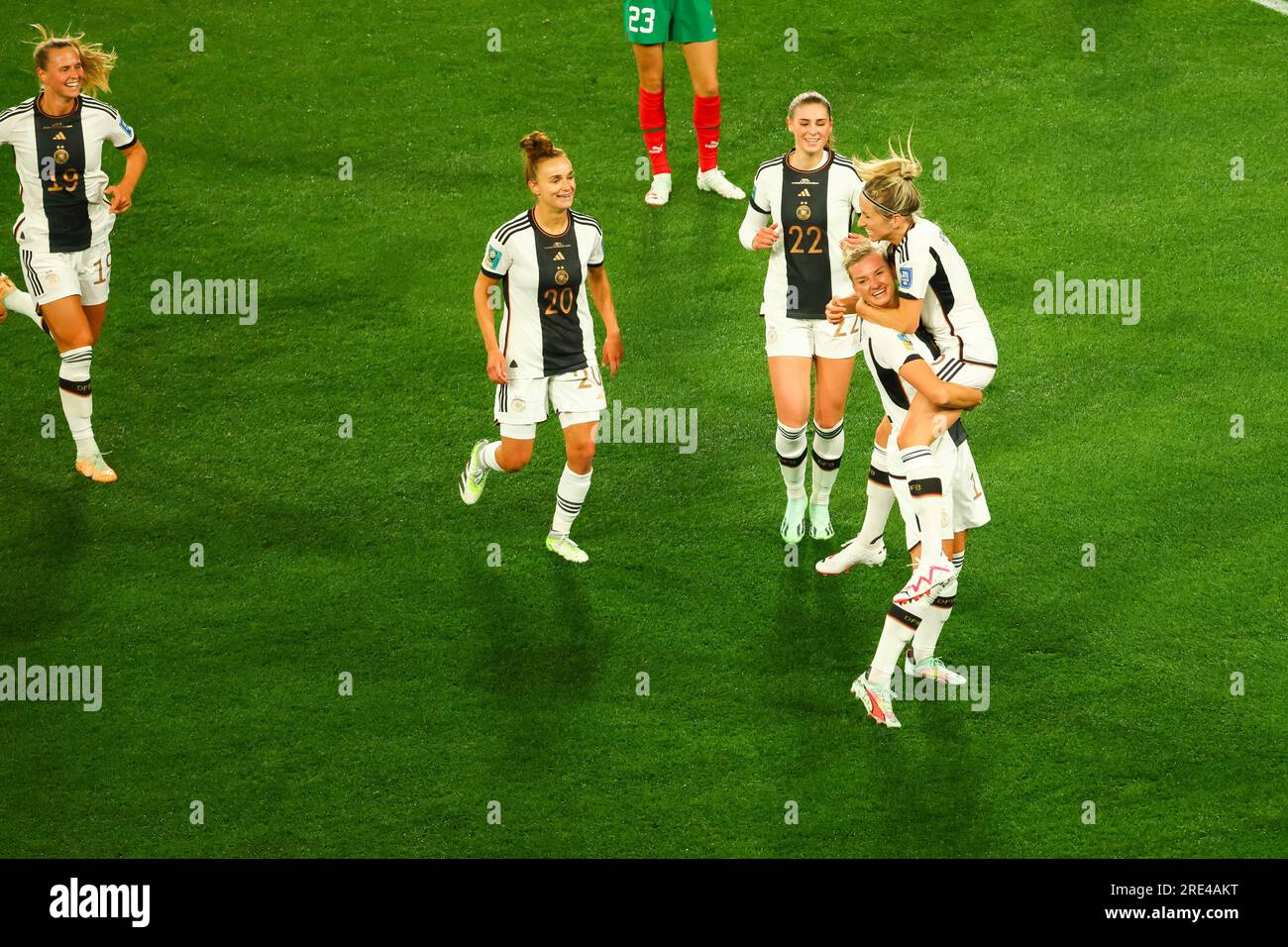 Alexandra Popp-Hoppe of Germany celebrates with her team after scoring a goal during the FIFA Women's World Cup Australia & New Zealand 2023 Group match between Germany and Morocco at Melbourne Rectangular Stadium. Germany won the game 6-0. Stock Photo
