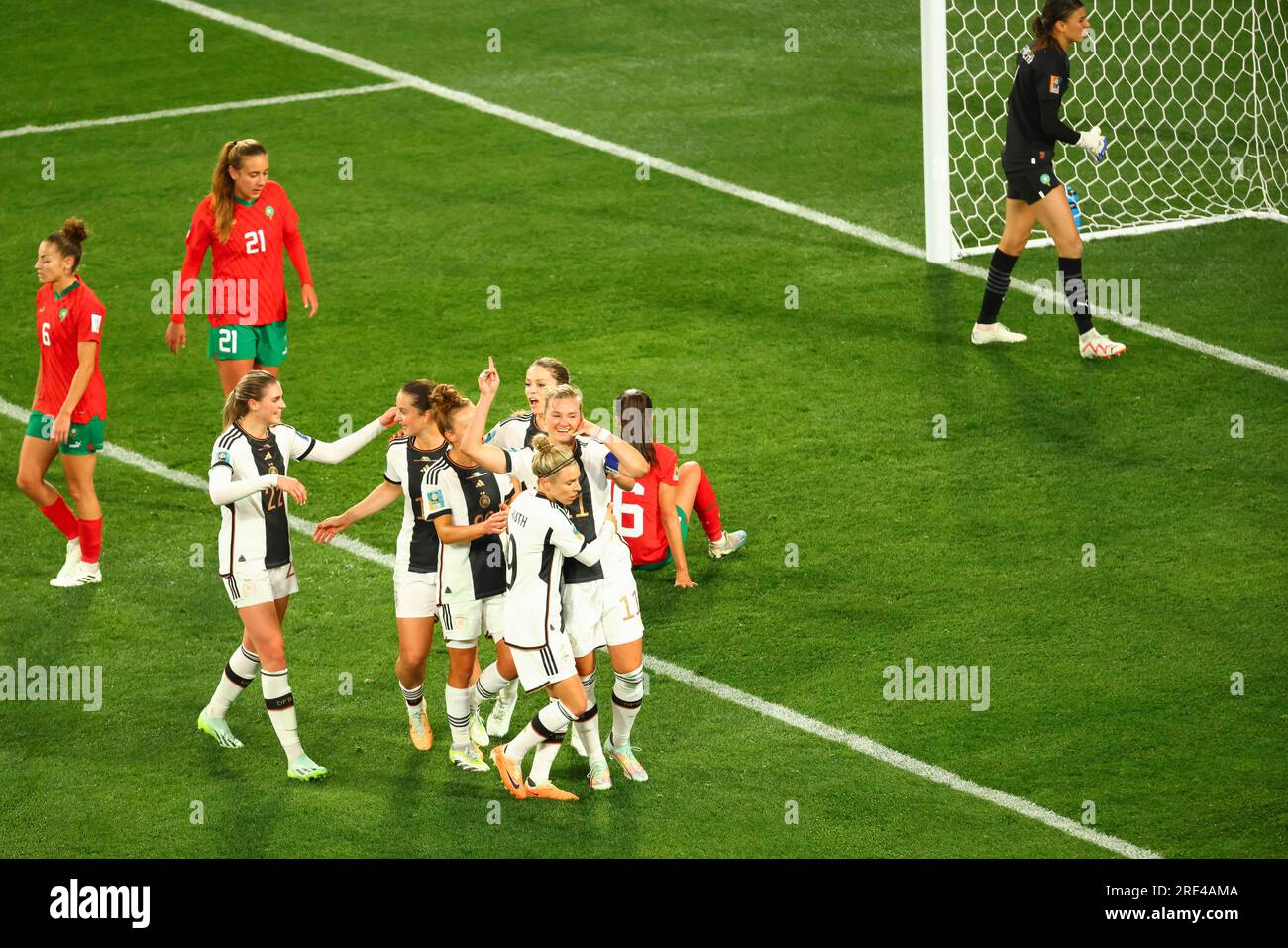 Alexandra Popp-Hoppe of Germany celebrates with her team after scoring  a goal during the FIFA Women's World Cup Australia & New Zealand 2023 Group match between Germany and Morocco at Melbourne Rectangular Stadium. Germany won the game 6-0. Stock Photo