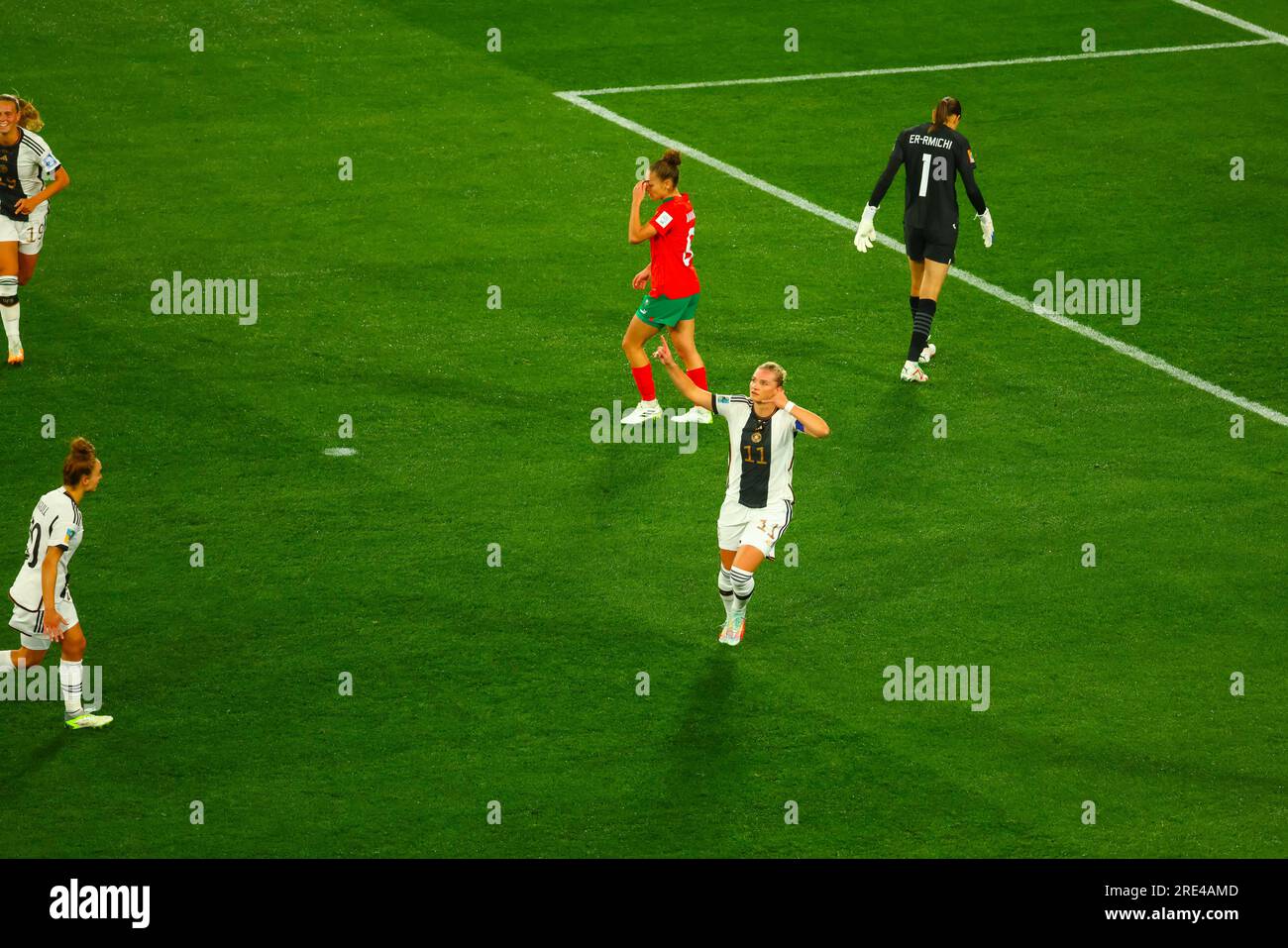 Alexandra Popp-Hoppe (R) of Germany celebrates a goal during the FIFA Women's World Cup Australia & New Zealand 2023 Group match between Germany and Morocco at Melbourne Rectangular Stadium. Germany won the game 6-0. Stock Photo