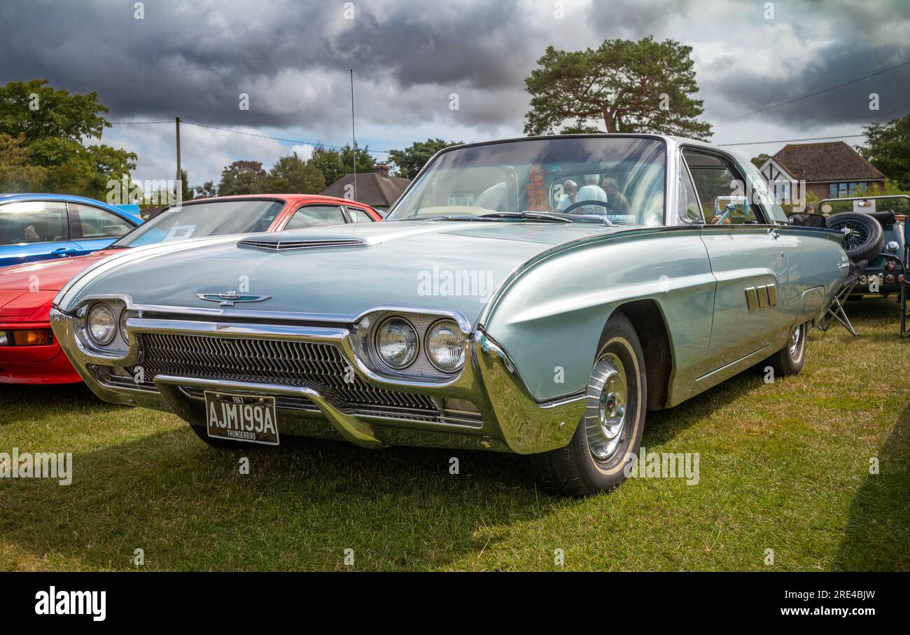 A silver 1963 Ford Thunderbird on display at a classic car show in Storrington, West Sussex, UK. Stock Photo
