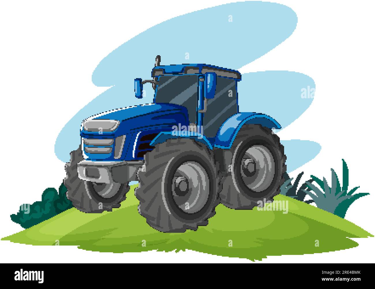 A cartoon illustration of a blue tractor on a hill, isolated on a white