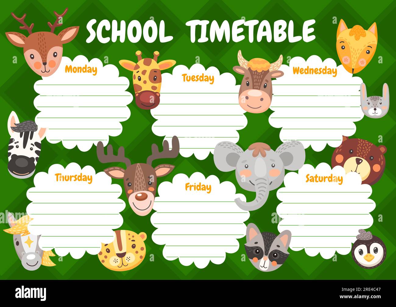 Cartoon cute animals, kids education timetable schedule. Vector school