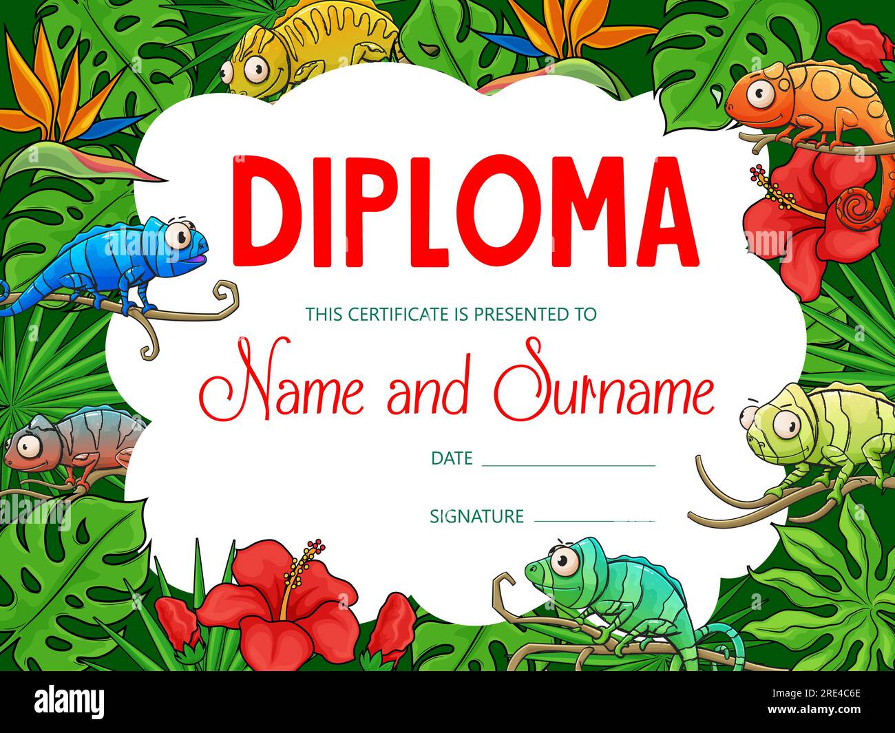 Kids education diploma with cartoon chameleons in tropical jungle. Vector certificate of school graduation, achievement award and honor gift with background frame of chameleon lizards and palm flowers Stock Vector