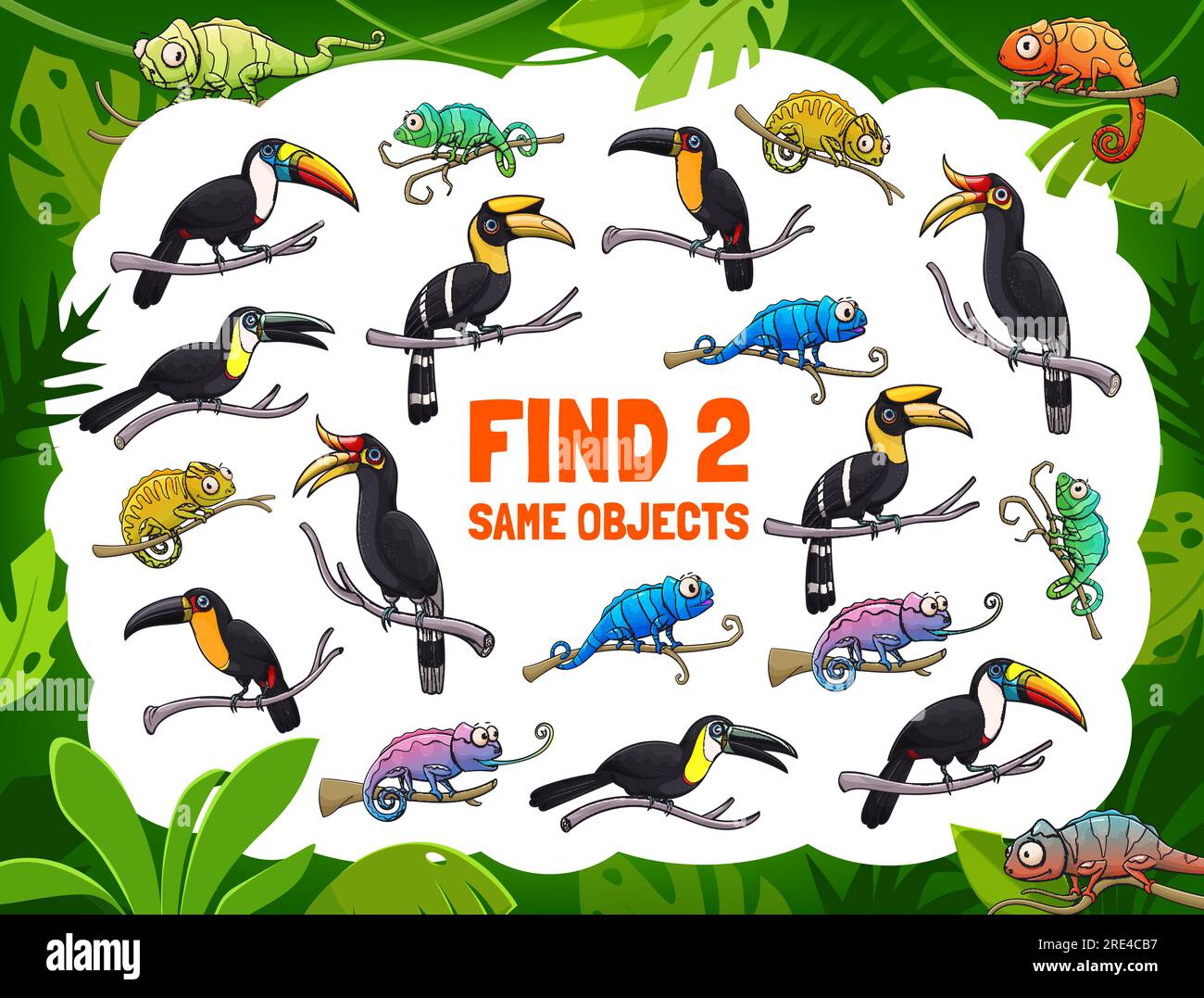 Find two same toucans and chameleons, kids game or tabletop riddle, vector. Find correct match of tropical birds and exotic reptiles in jungle palms, kids cartoon board game puzzle Stock Vector