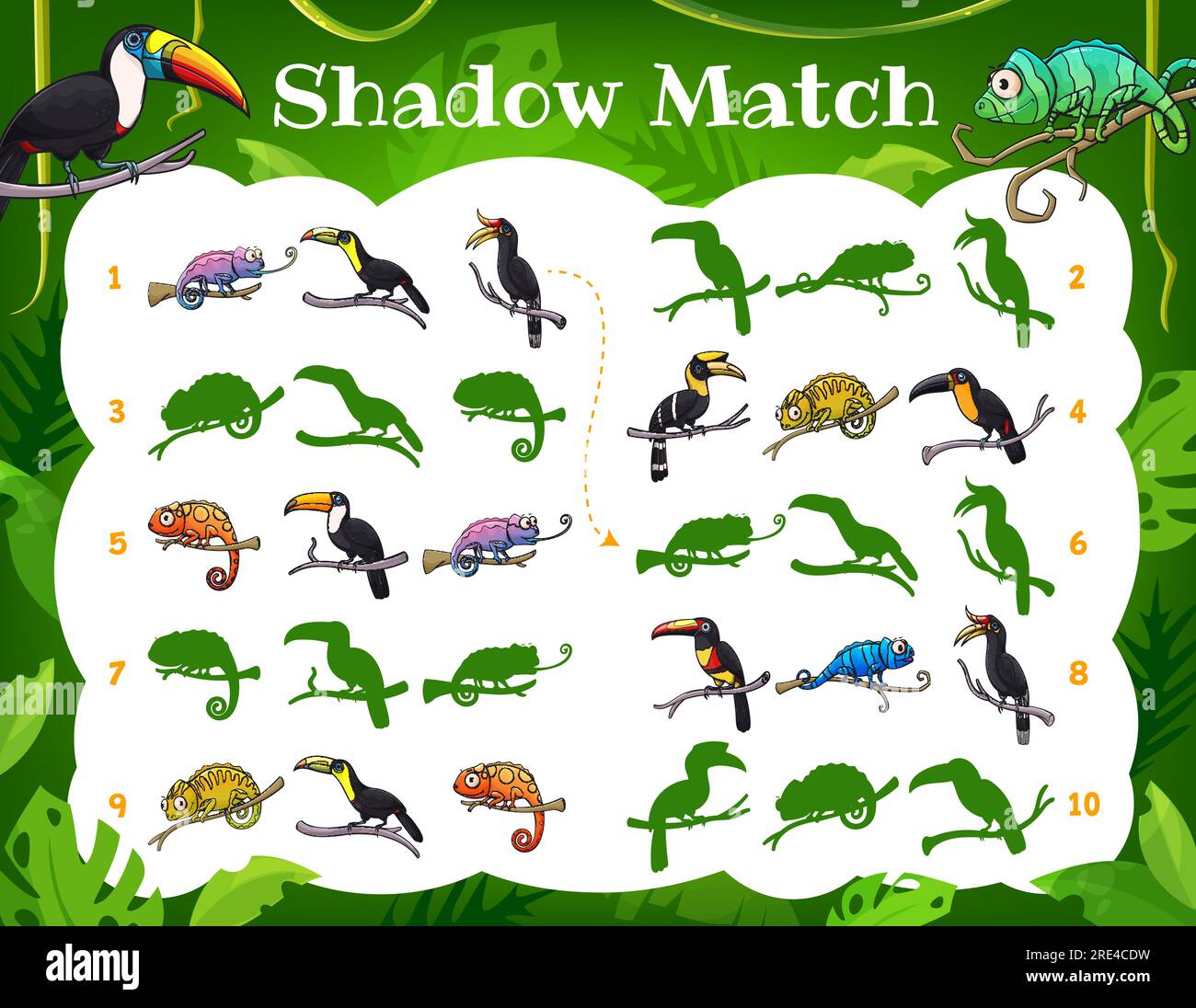 Kids shadow match game toucans and chameleons in jungle. Vector worksheet, children logic task find correct bird and lizard silhouettes. Cartoon riddle for baby education, logical mind development Stock Vector