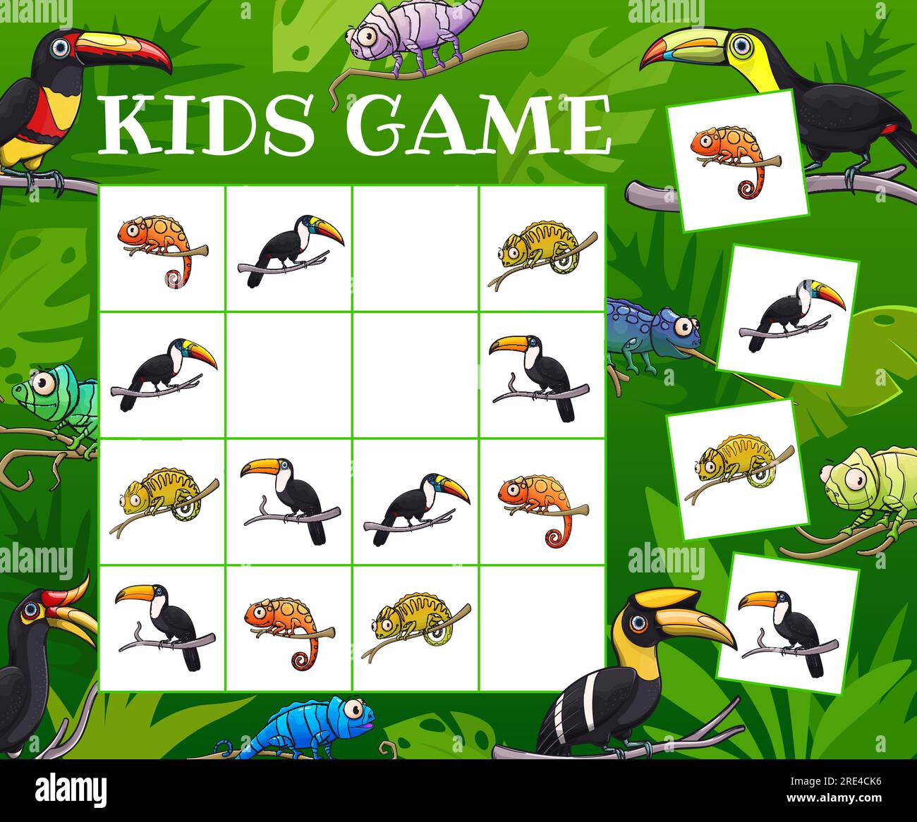 Kids sudoku riddle game toucans and chameleons in tropical jungles. Vector test with cartoon lizards and tropical birds characters on chequered board. Educational children crossword teaser, boardgame Stock Vector
