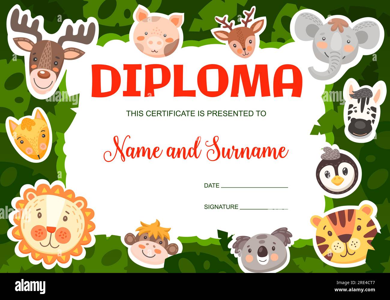 Funny cartoon animals kids diploma. Vector certificate with cute elephant, pig, tiger and monkey, koala or lion with penguin in jungle. Education kindergarten graduation award frame template design Stock Vector