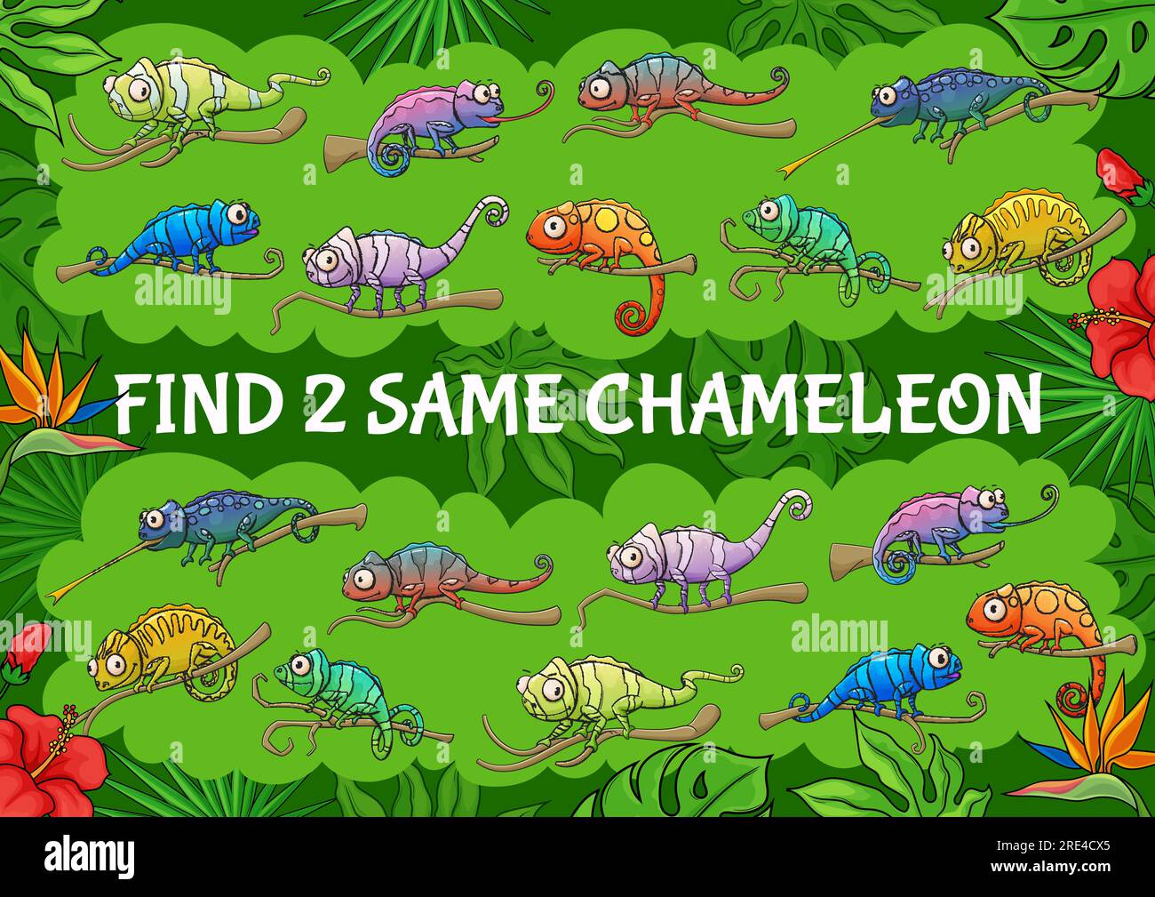Cartoon chameleon lizards, find two same chameleons kids game. Vector educational riddle with cute characters and jungle plants. Children leisure activity puzzle, search similar reptile animal task Stock Vector