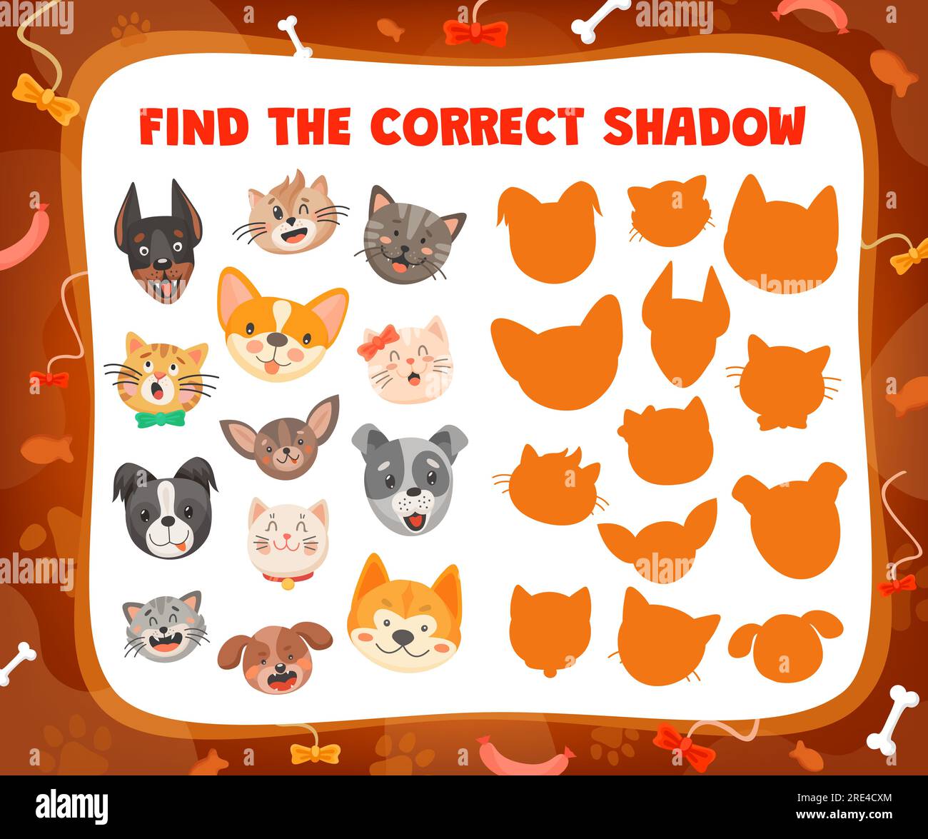 Find the correct cat or dog shadow. Kids education riddle game. Choose suitable silhouette of pets, shadow match vector boardgame with cute puppies and kittens heads. Cartoon worksheet for children Stock Vector