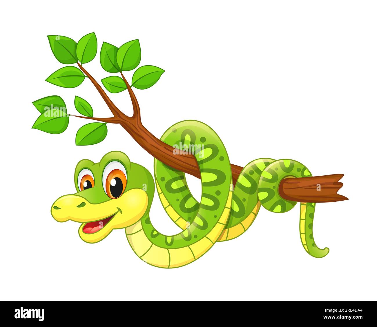 Cartoon cute funny python snake on jungle tree, vector green anaconda. Serpent animal or snake character, on forest tree, happy reptile cobra or rattlesnake with friendly smile on face Stock Vector