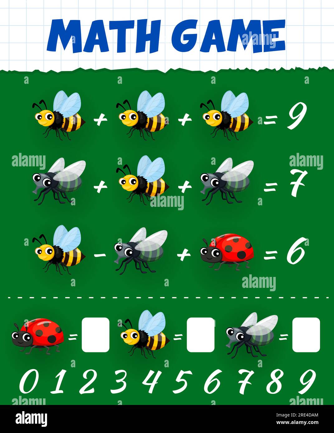 Math game of cartoon funny bee fly and ladybug insects counting