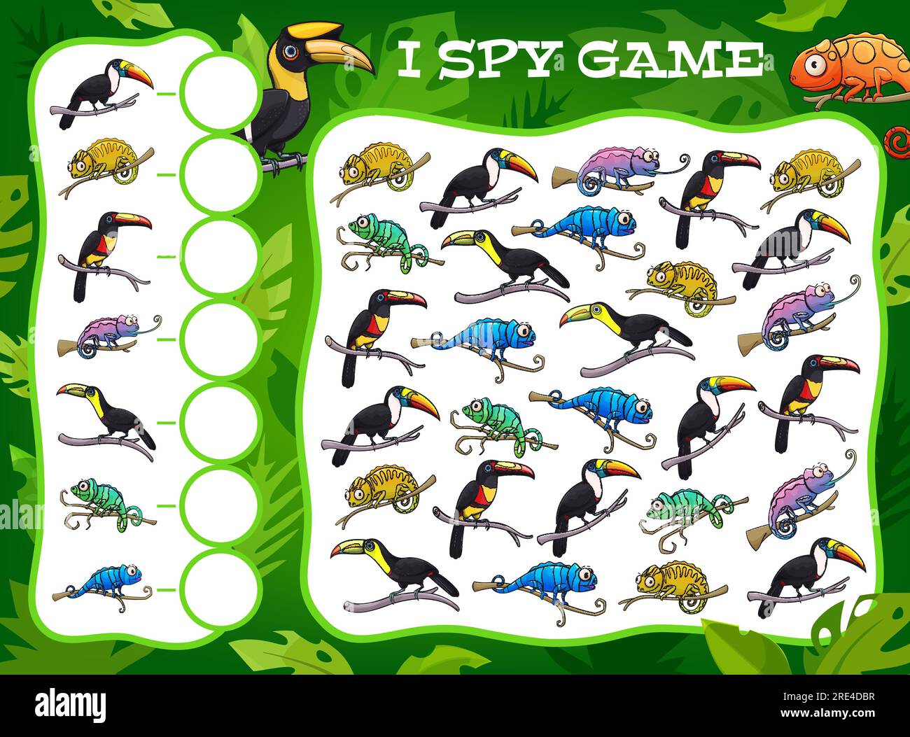 Spy game cartoon toucans and chameleons in tropical jungle. Vector kids riddle with tropical birds and lizards characters. Educational children puzzle for development of numeracy skills and attention Stock Vector