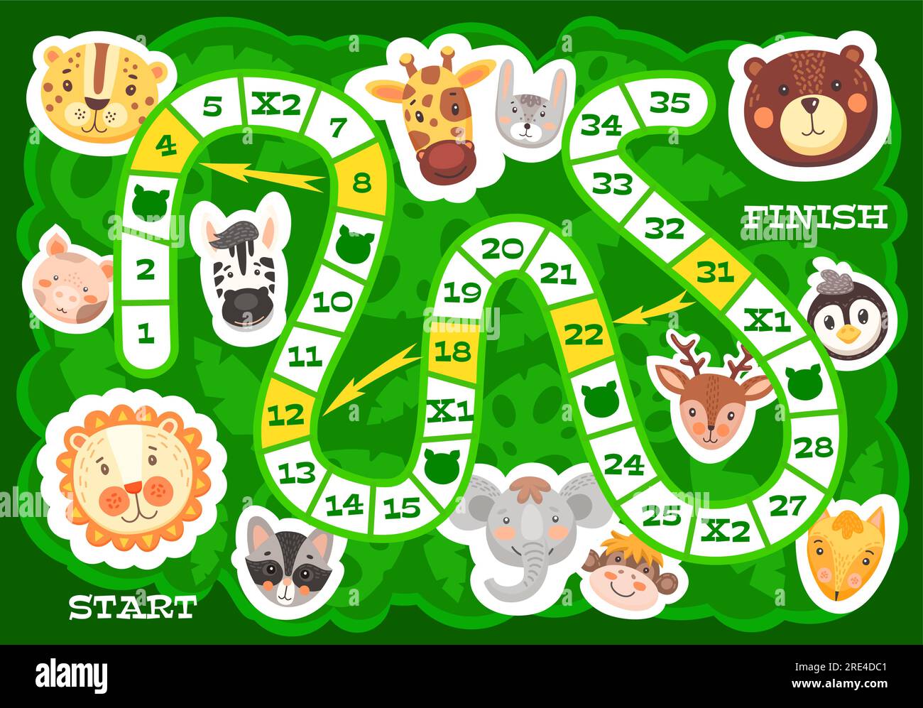 Kids board game funny african and forest animals. Vector step boardgame