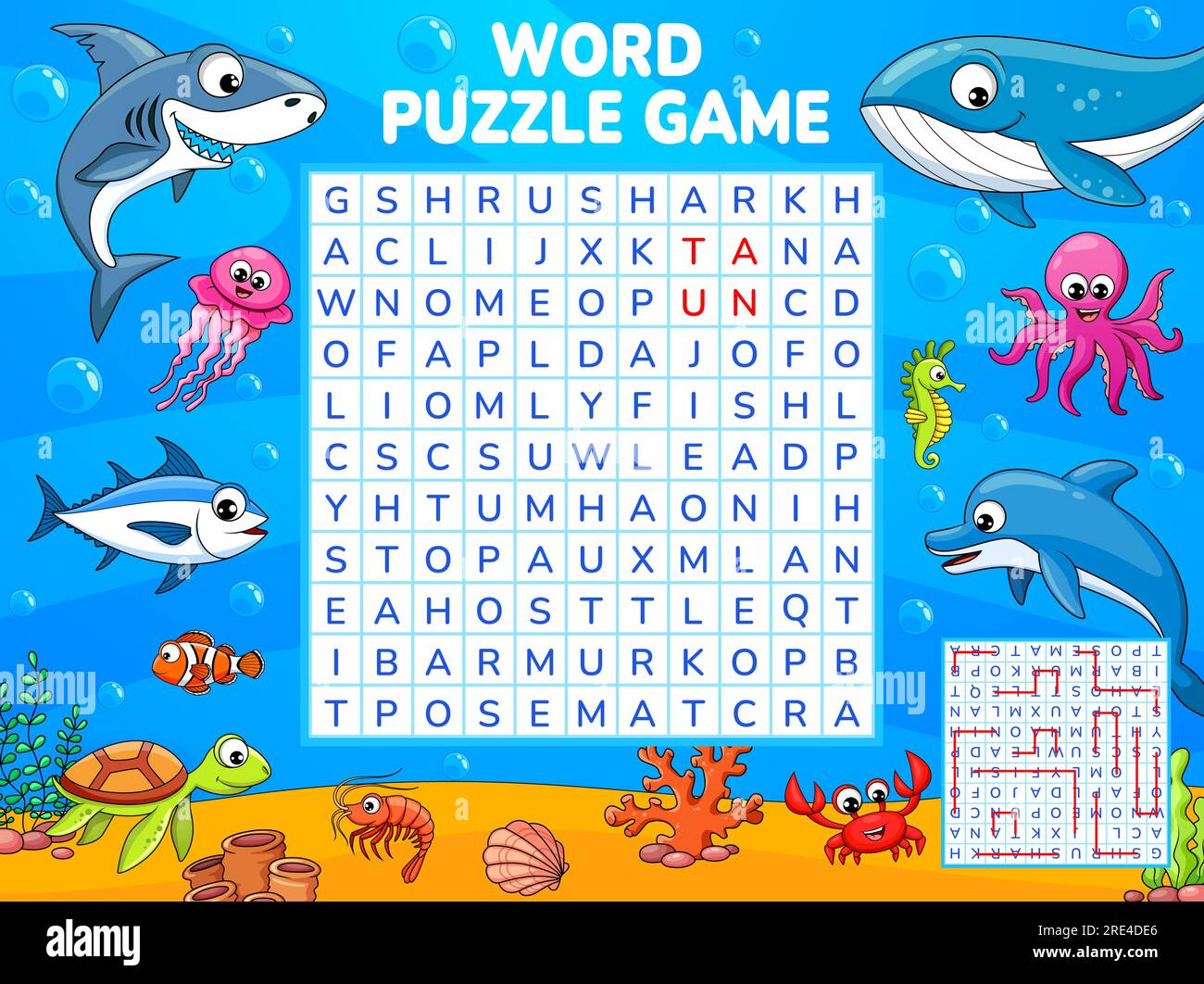 Cartoon funny underwater animals and fish word search puzzle game