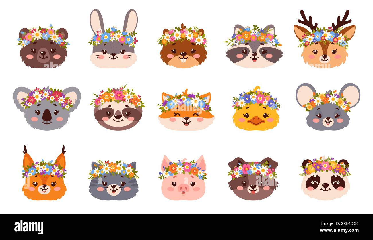 Cute animals with flower crowns, cartoon faces of funny bear, fox, cat, rabbit or bunny characters. Vector panda, deer, koala and dog, raccoon, pig, duck, mouse and beaver heads wearing floral wreaths Stock Vector