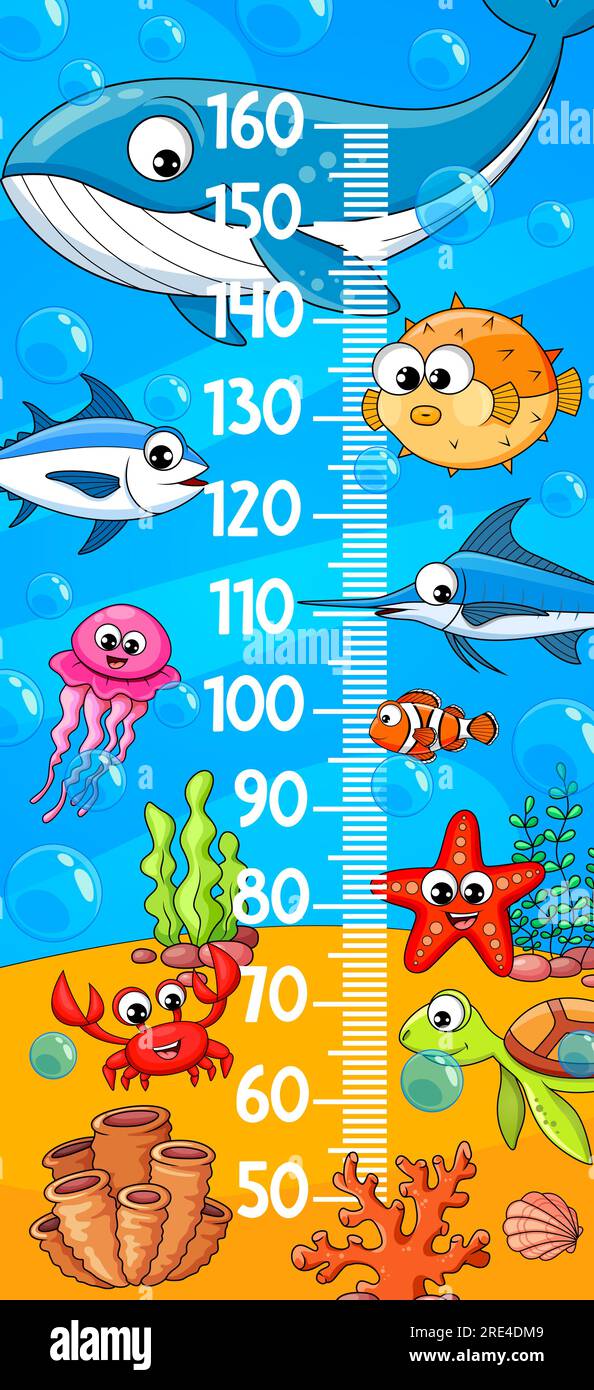 Kids height chart cartoon funny underwater animals and fish. Vector ruler  sticker of children growth measure