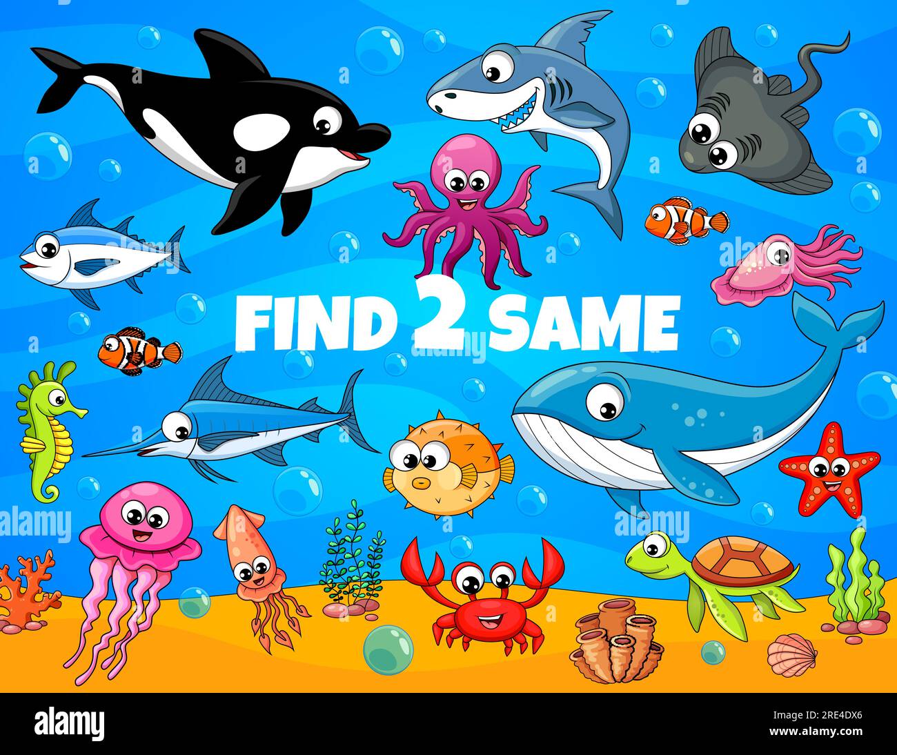 Find two same cartoon funny underwater animals and fish kids game