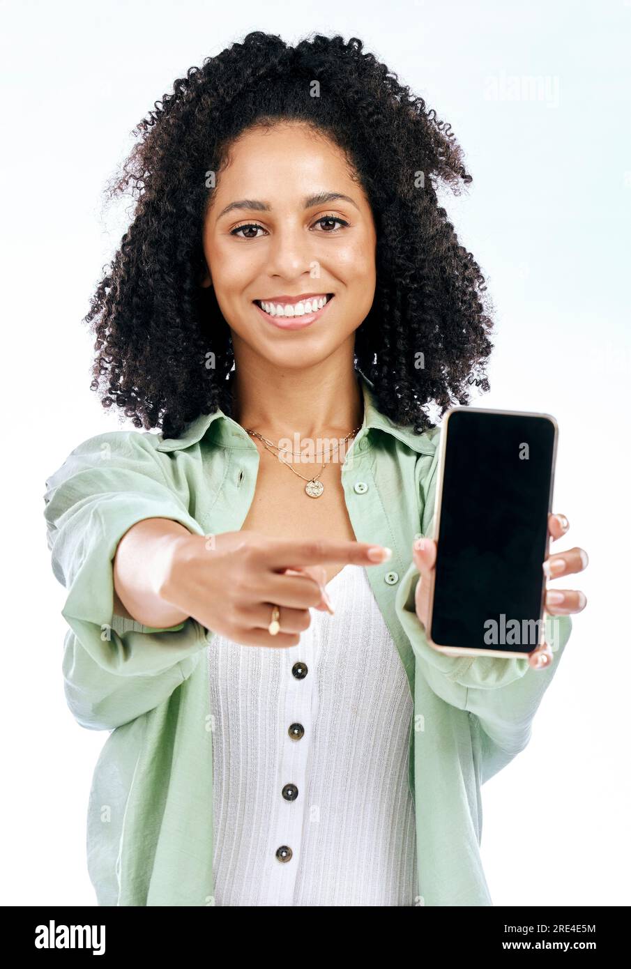 Screen, mockup or portrait of happy woman with phone on white