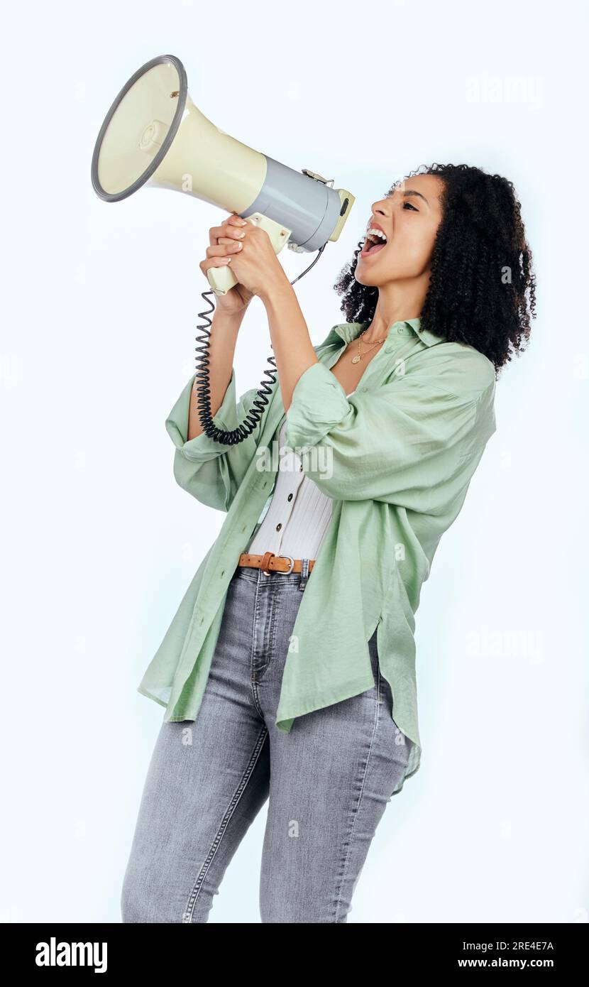 Woman, megaphone and protest leader in studio with shouting, noise and