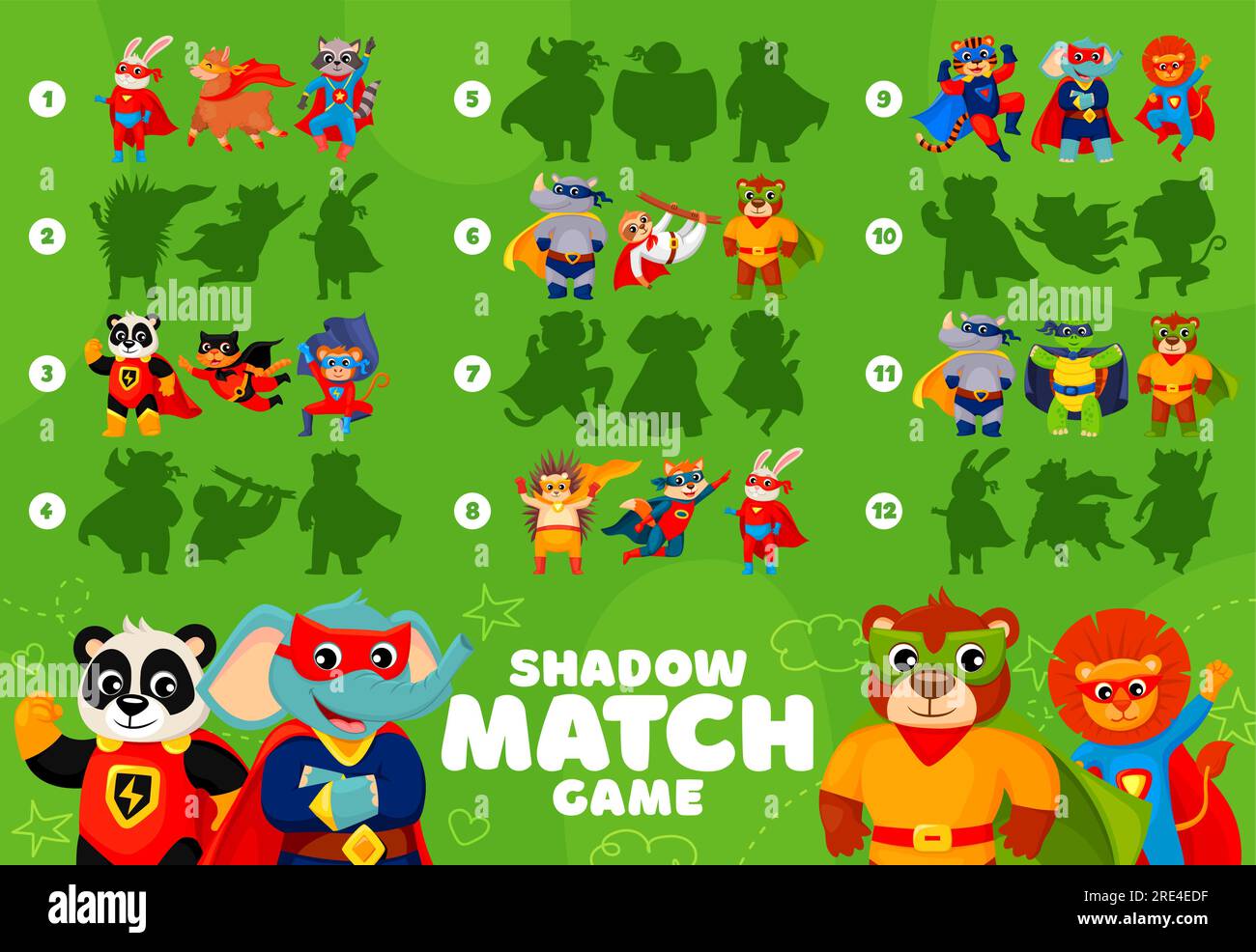 Shadow matching game. Superhero cartoon animal characters kids puzzle