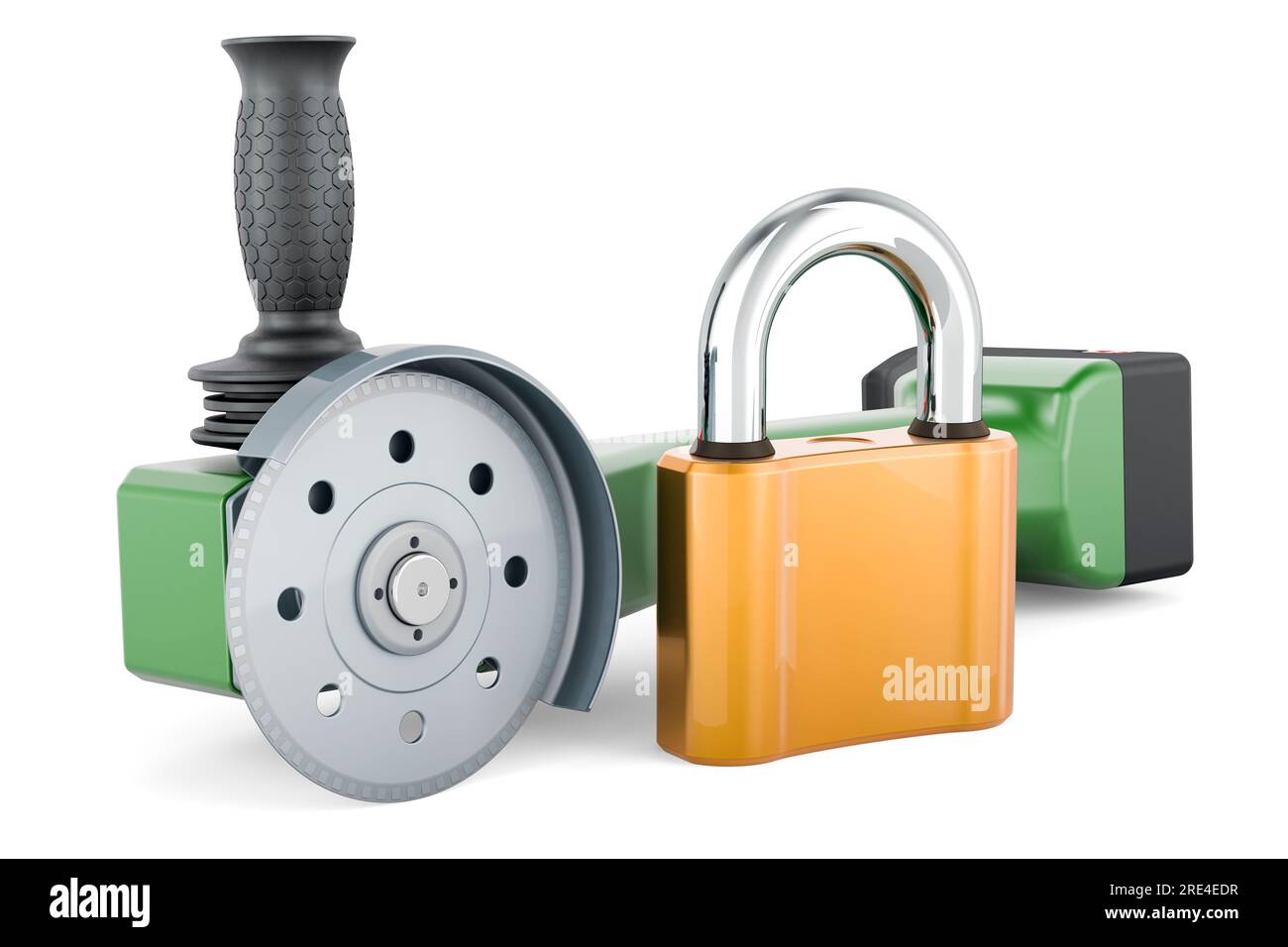Angle grinder with padlock. 3D rendering isolated on white background
