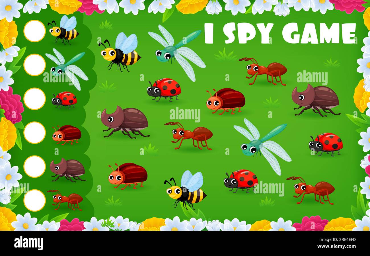 I spy game of cartoon insect characters on summer meadow. Kids education game worksheet, vector puzzle, riddle or quiz with funny ladybug, bee, dragonfly and bug, ant and rhinoceros beetle personages Stock Vector