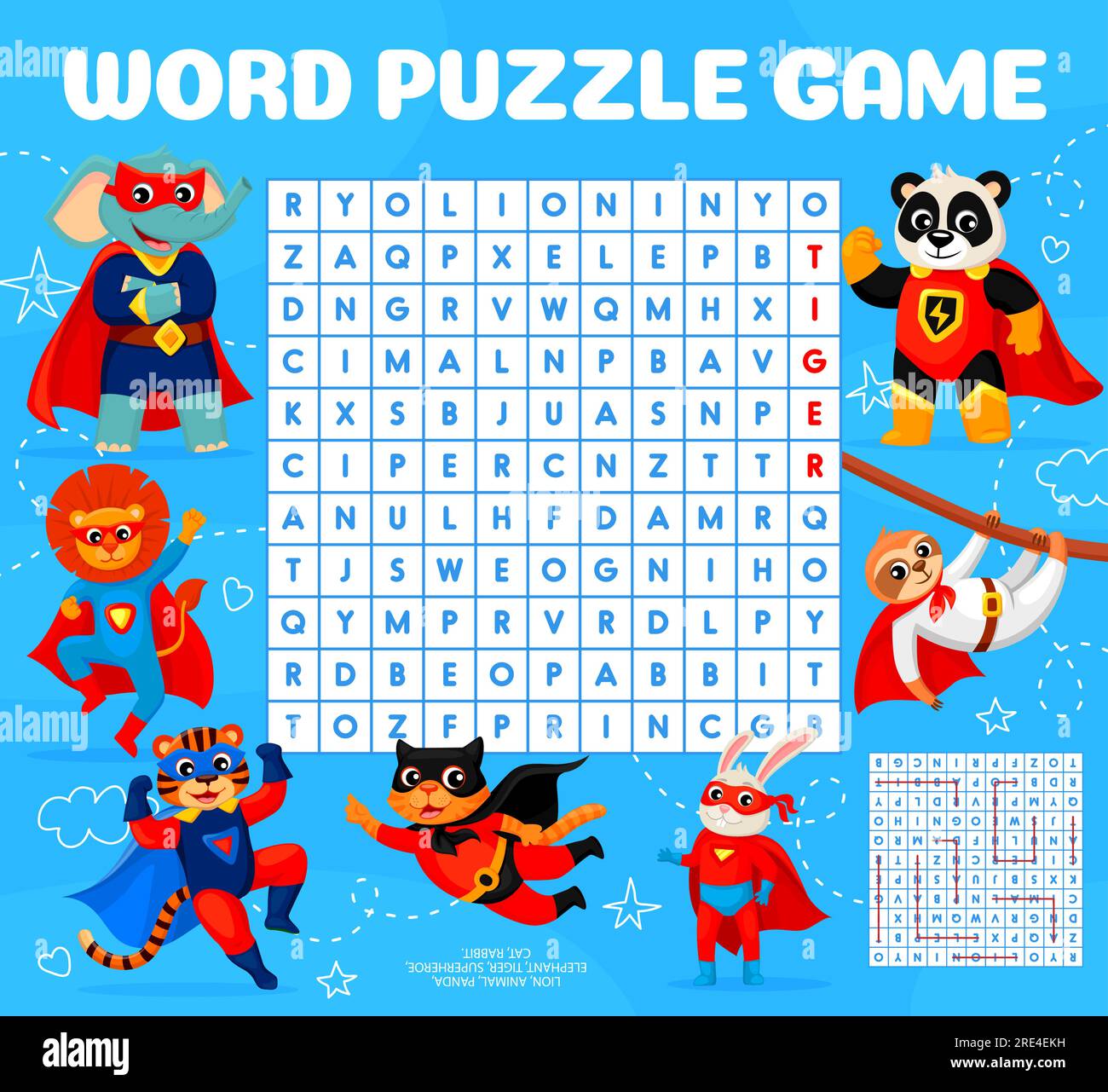 https://c8.alamy.com/comp/2RE4EKH/word-search-puzzle-game-superhero-cartoon-animal-characters-vector-worksheet-of-riddle-quiz-or-find-word-game-kids-puzzle-with-funny-cat-lion-bunny-panda-and-elephant-in-super-hero-masks-capes-2RE4EKH.jpg