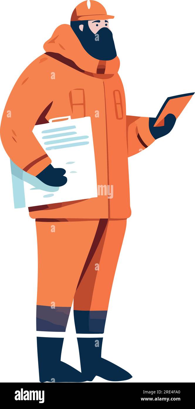 One man holding document wearing hardhat over white Stock Vector