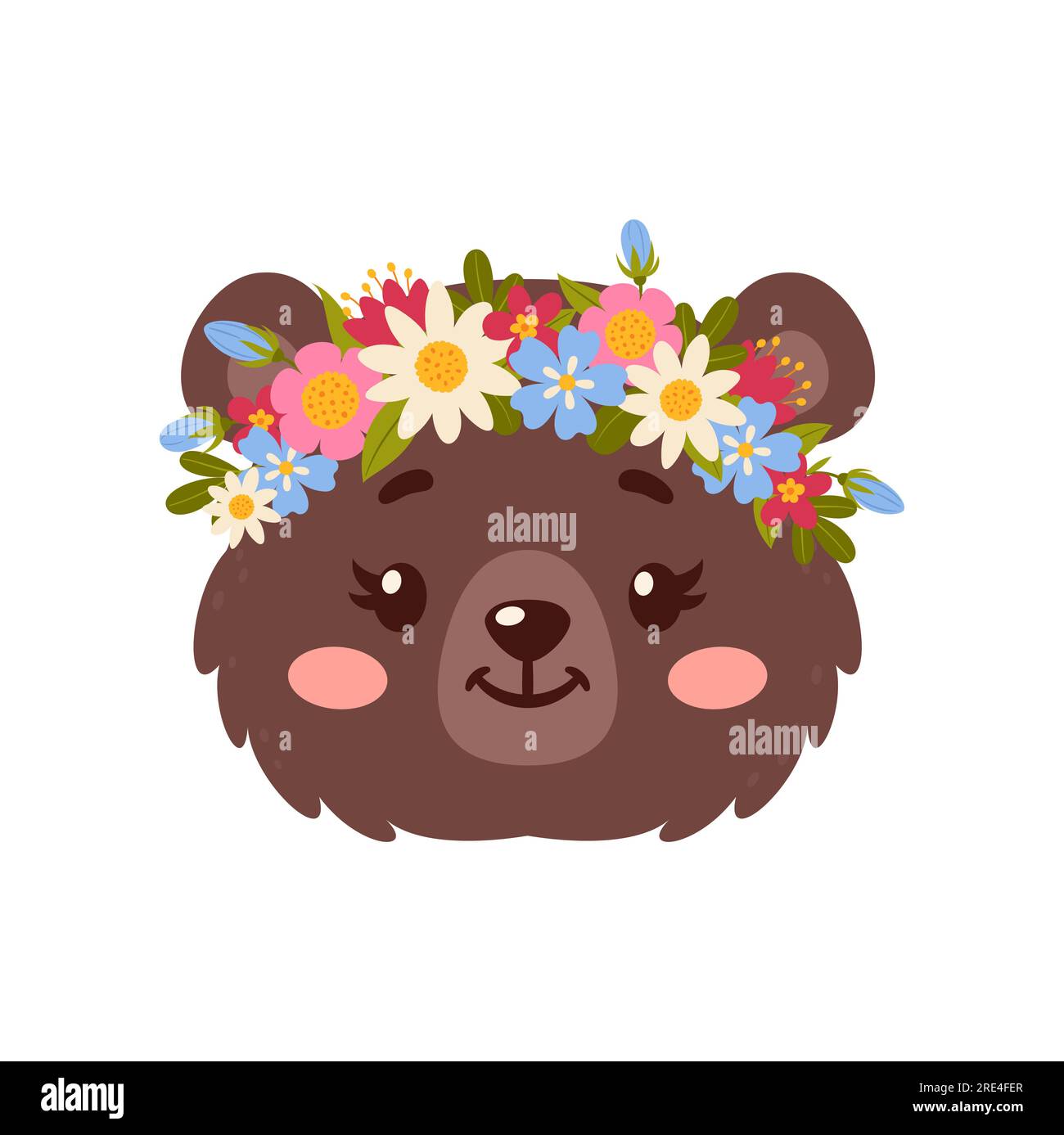 Bear cute animal in flower wreath crown, cartoon grizzly with floral