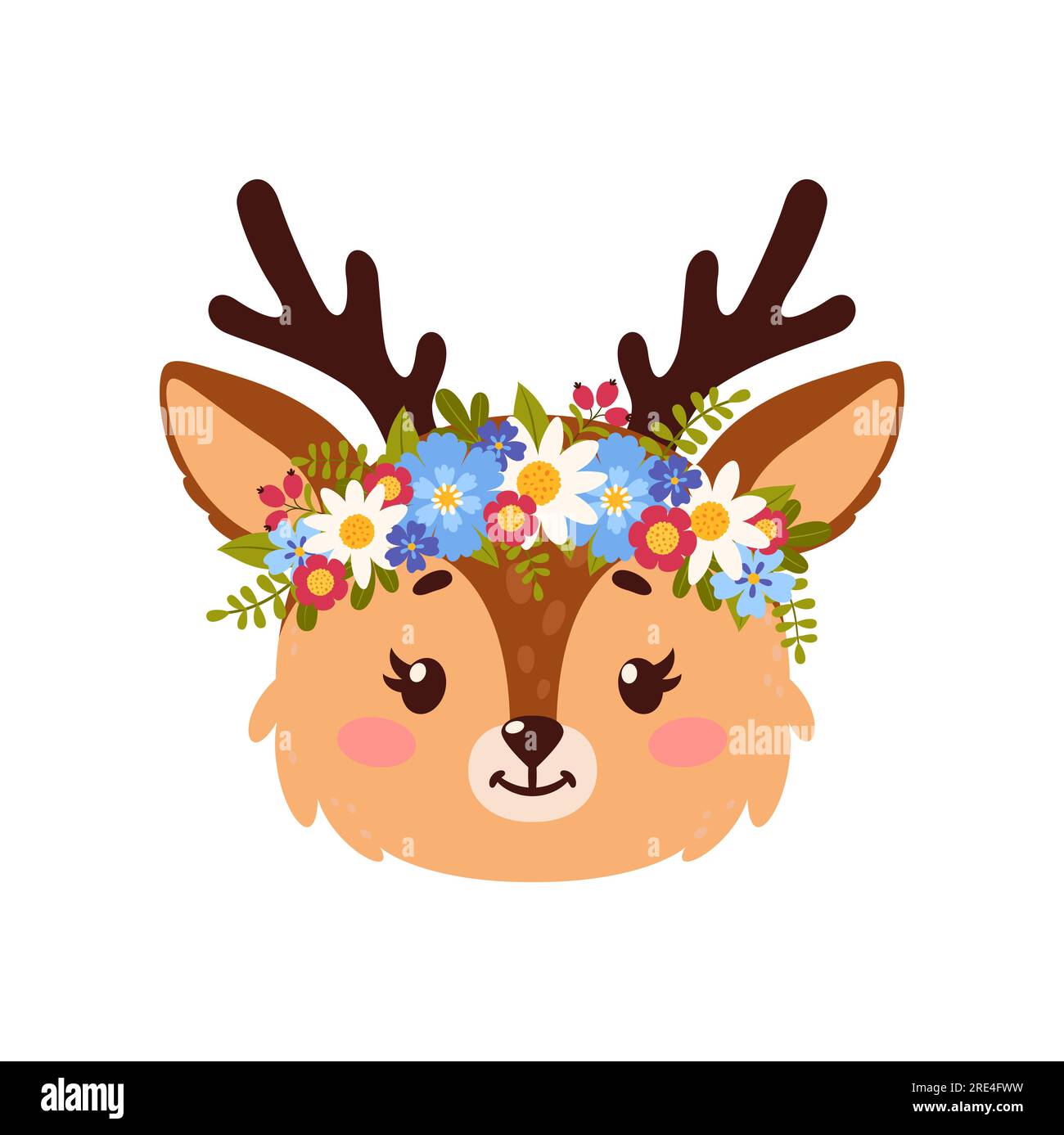 Deer animal with flower wreath isolated reindeer cute animal with ...