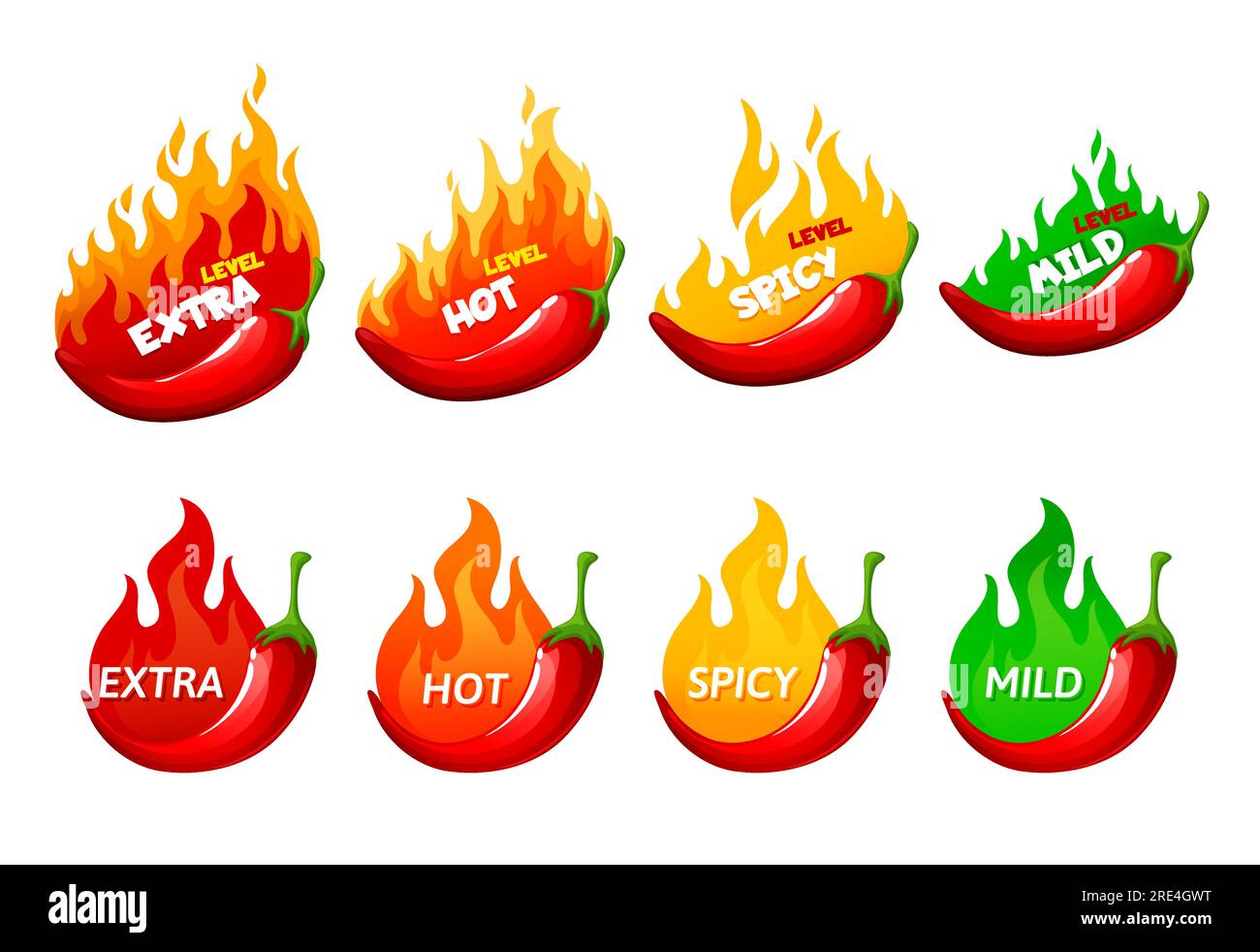 Hot spicy level labels, vector icons chili pepper, cayenne or 