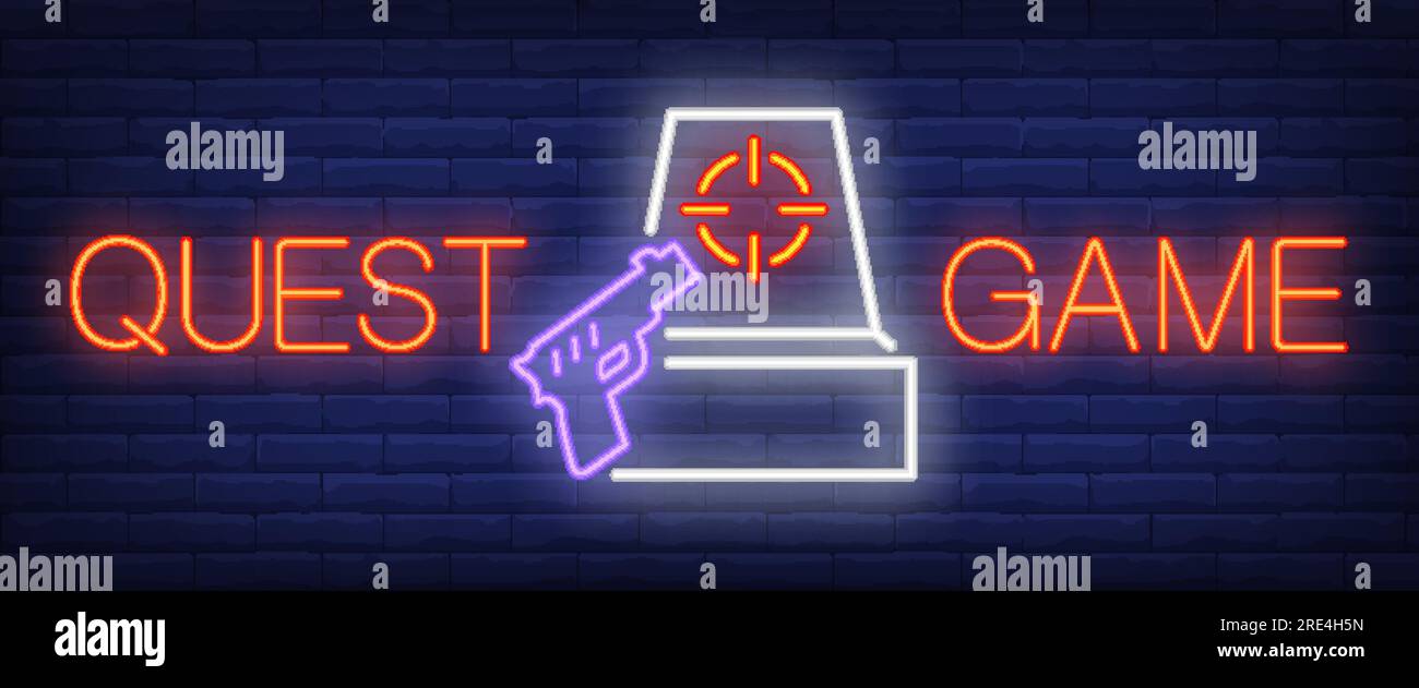 Quest game neon text with pistol and target Stock Vector Image & Art - Alamy