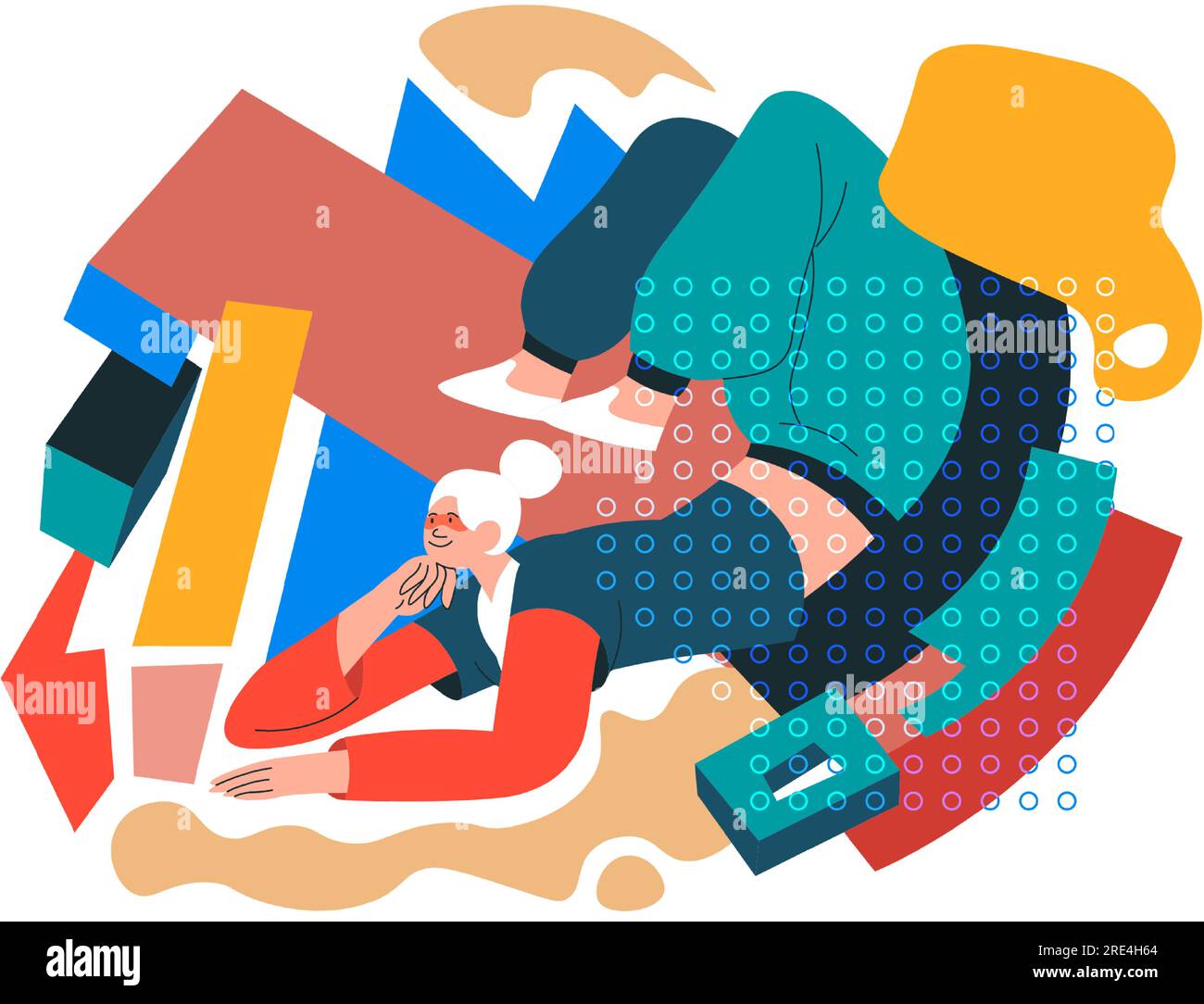 Flexible female character working out and practicing, abstract collage or composition with shapes and geometric forms. Retro decoration and modern urb Stock Vector