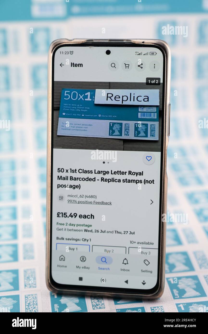 England, 25th July 2023 Counterfeit Royal Mail barcoded stamps on sale