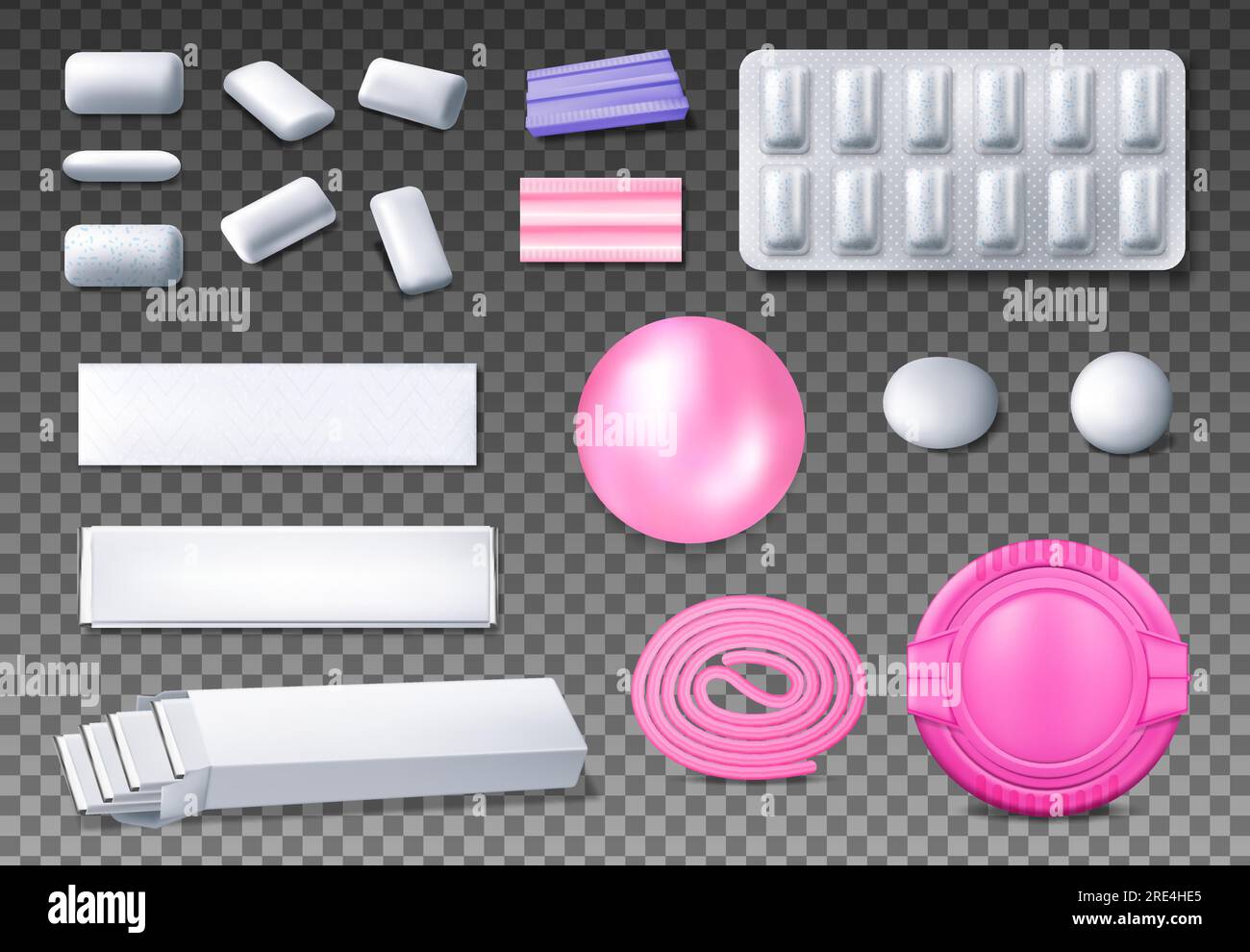 Chewing gum package vector mockups. Realistic bubblegum bubble, blister