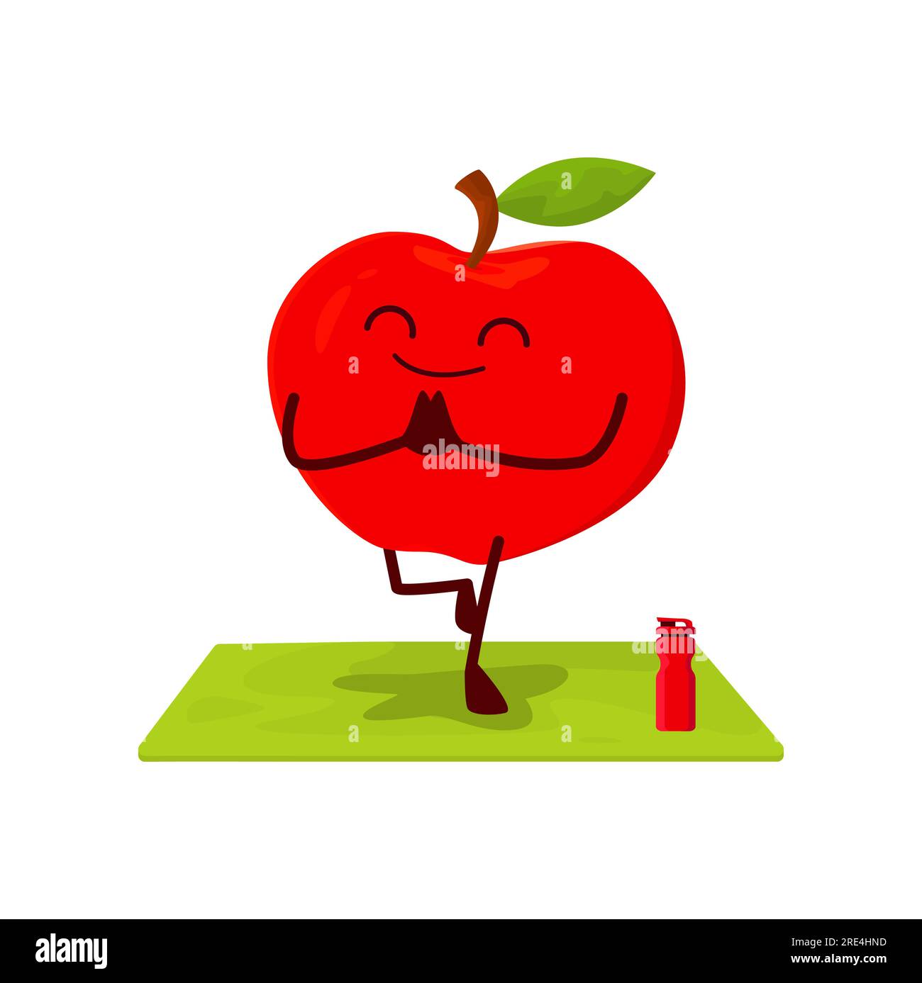 Cartoon apple fruit character in yoga pose. Vector funny personage