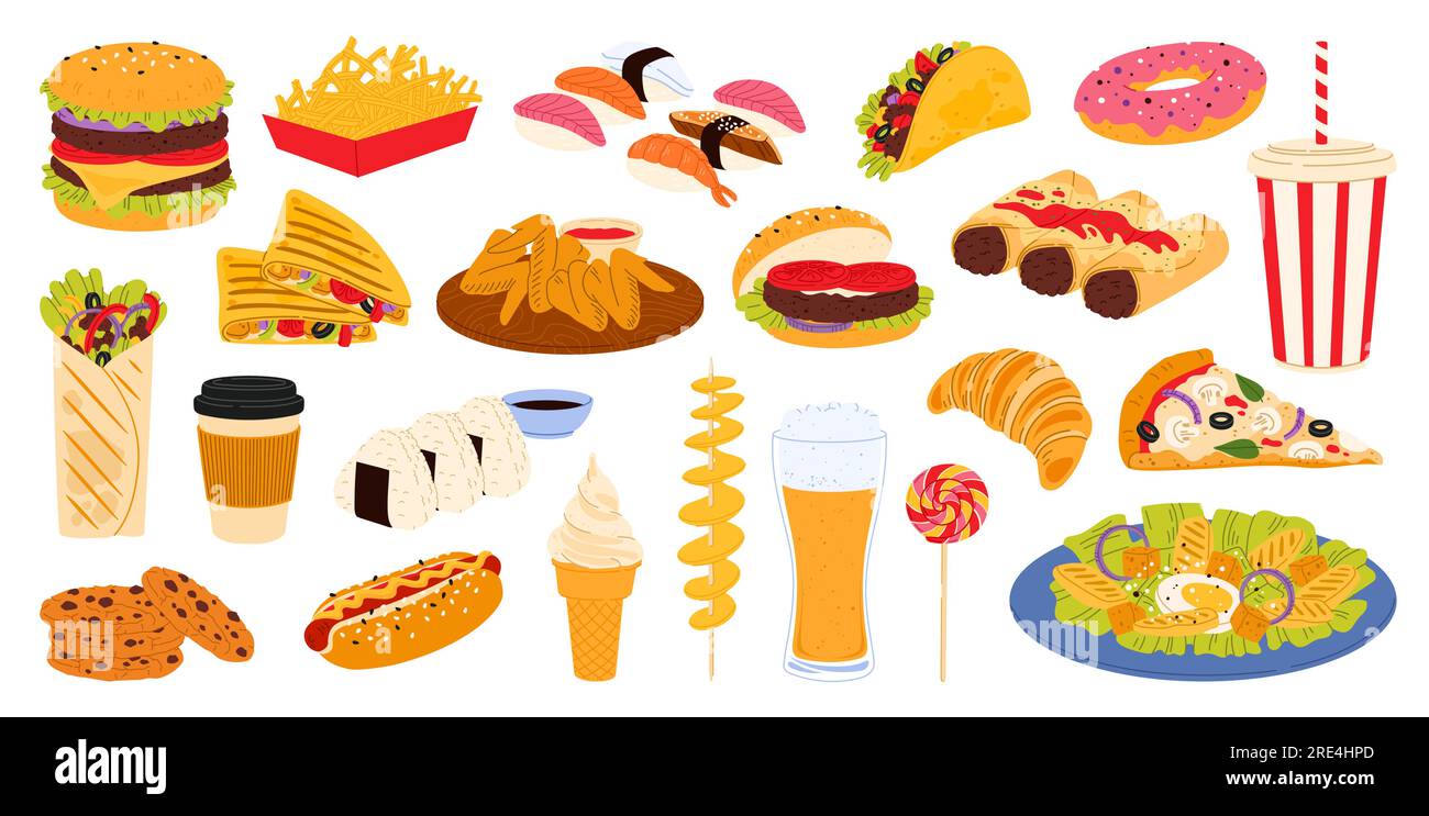 Fast food burger, pizza, hamburger and drink with sandwich, vector