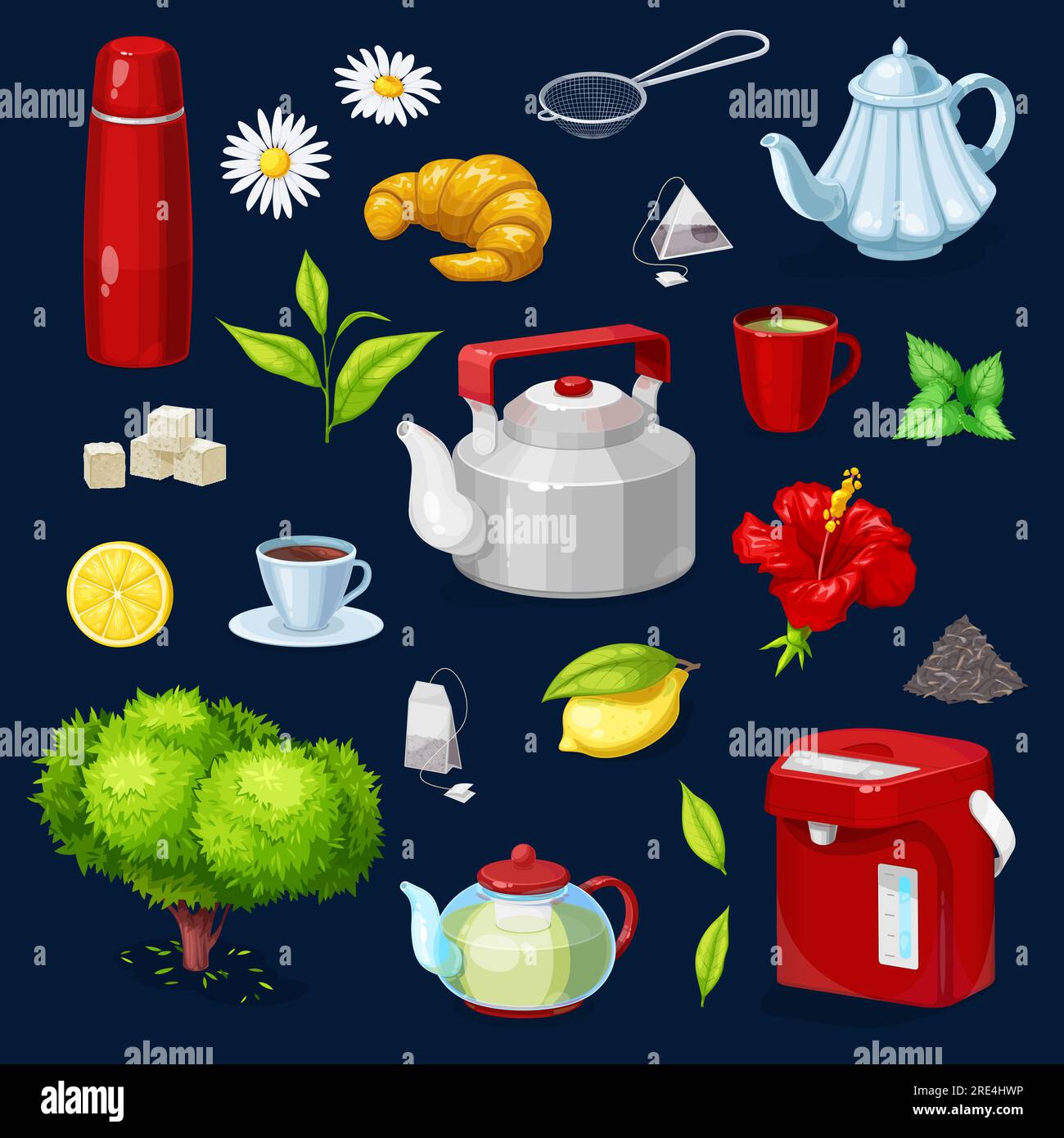 Tea objects isolated vector vacuum flask, chamomile flower and spoon ...