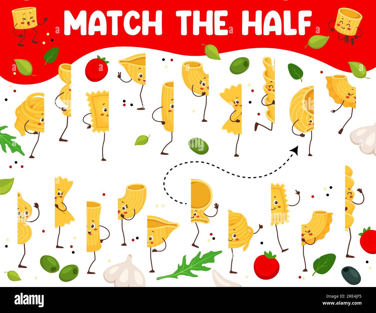 Match the half of cartoon italian pasta characters kids game vector