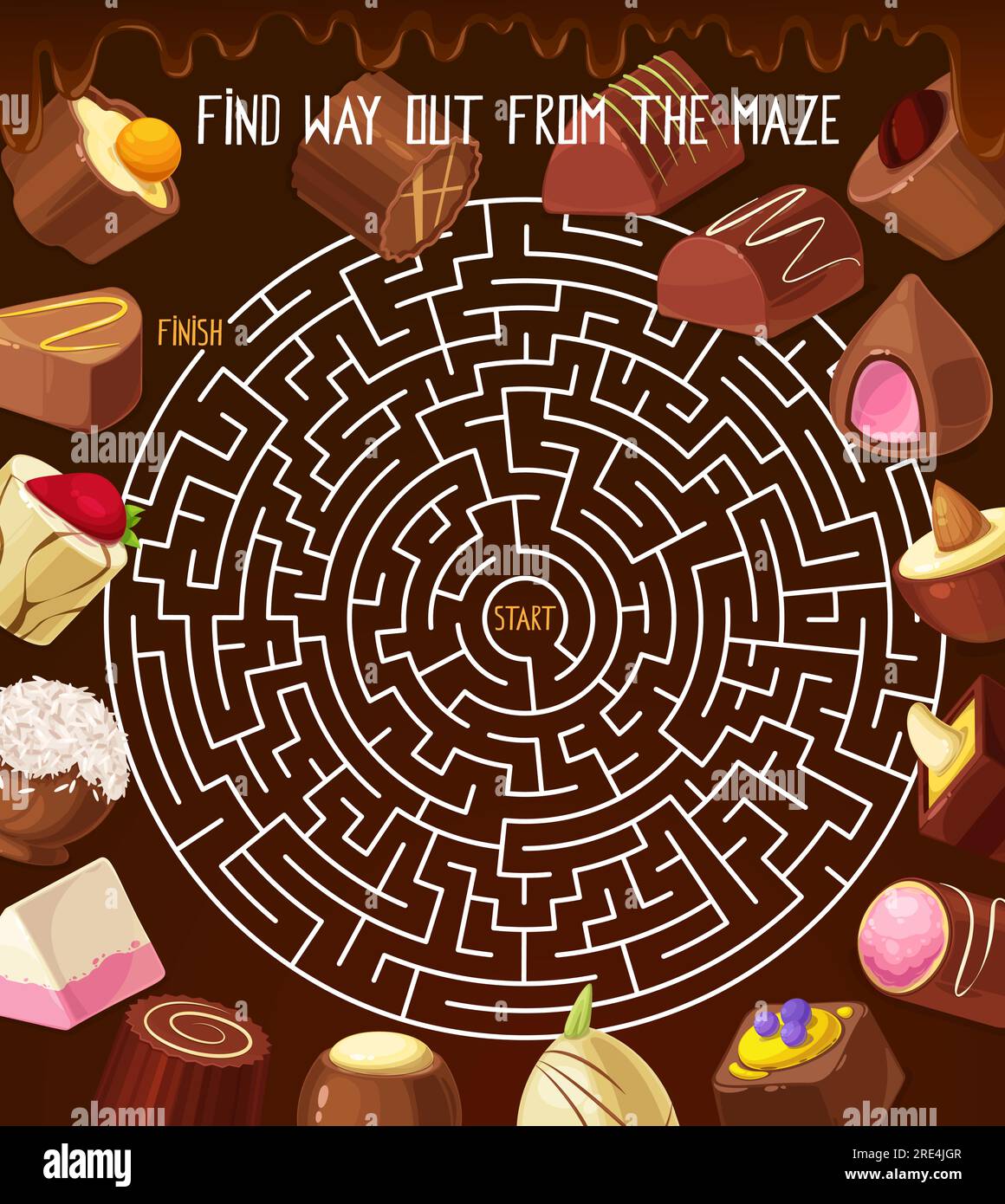 Kids riddle labyrinth maze with chocolate truffle, roasted nuts candy
