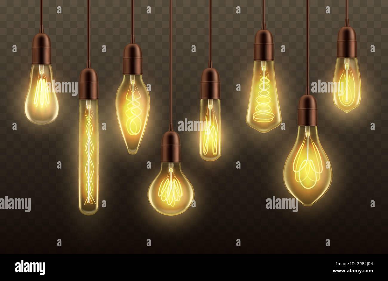 Light bulbs hanging on cords realistic vector design of glowing lamps ...