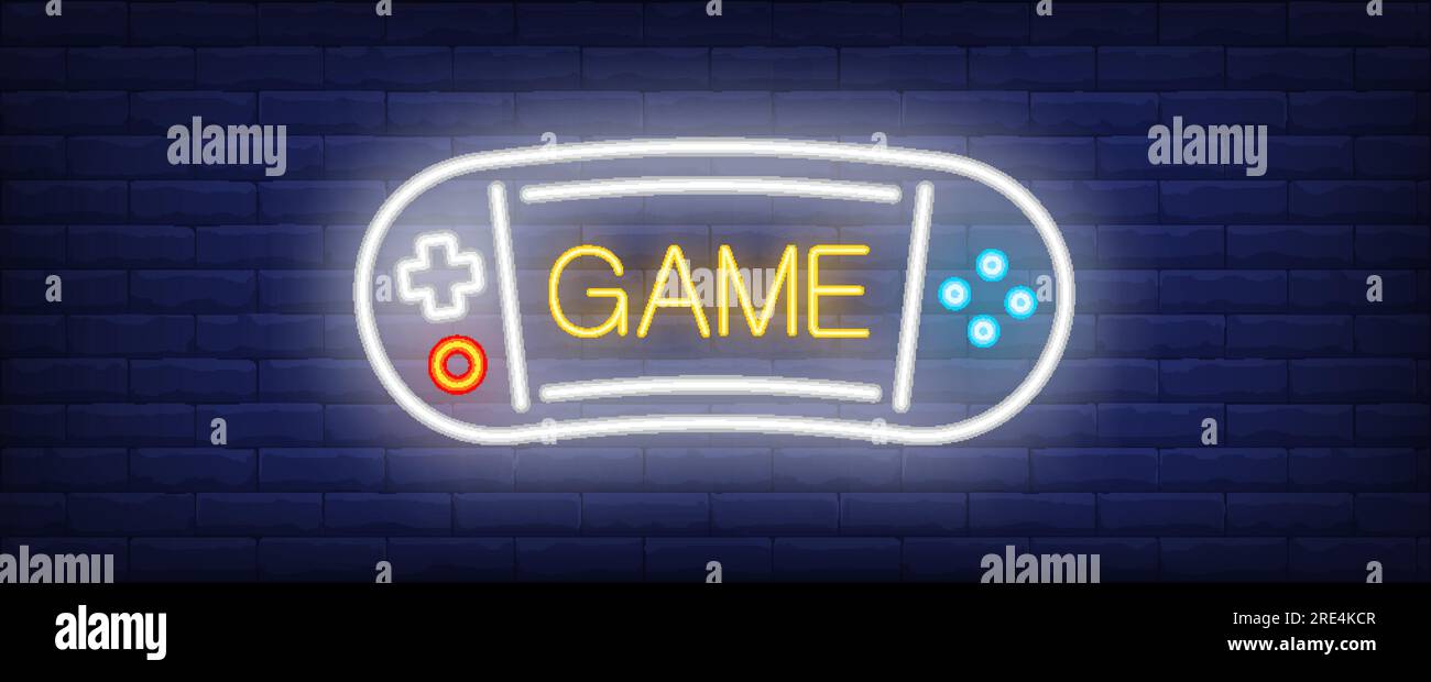 Game neon text with portable videogame console Stock Vector
