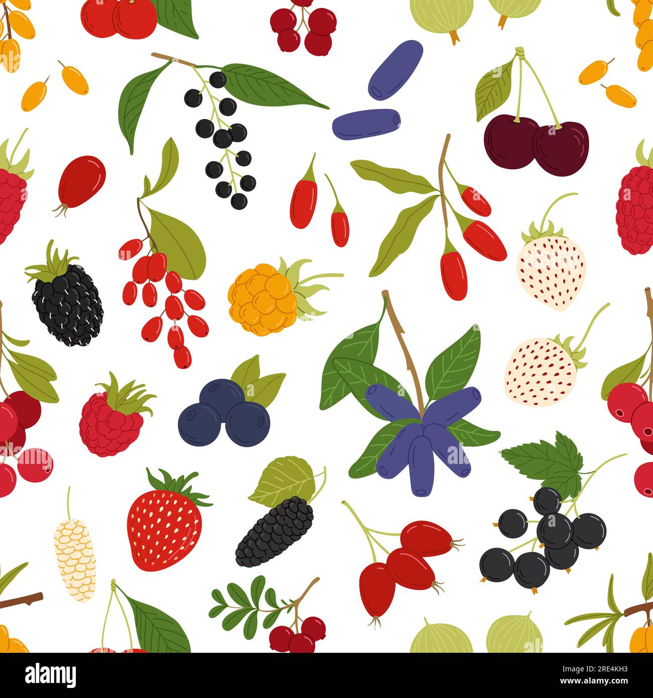 Organic ripe berries seamless pattern, strawberry, raspberry and blueberry fruits, vector background. Cherry, blackberry and bird cherry with gooseberry, cranberry, blackcurrant and redcurrant pattern Stock Vector