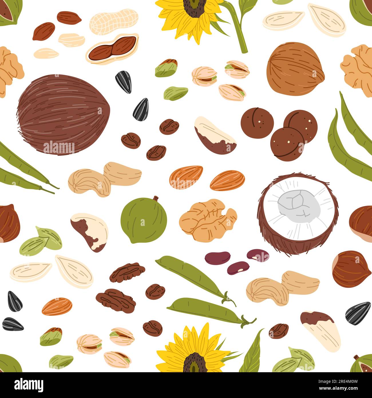 Nuts, seeds and beans seamless pattern with vector almond, walnut, peanut and hazelnut. Food background with raw seeds of sunflower and pumpkin, coconut, cashew, macadamia, pistachio, green pea pods Stock Vector