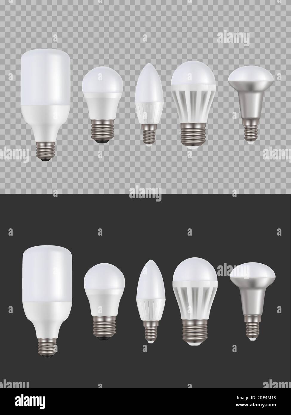 Led lamps, fluorescent light 3d vector bulbs, luminescence illumination