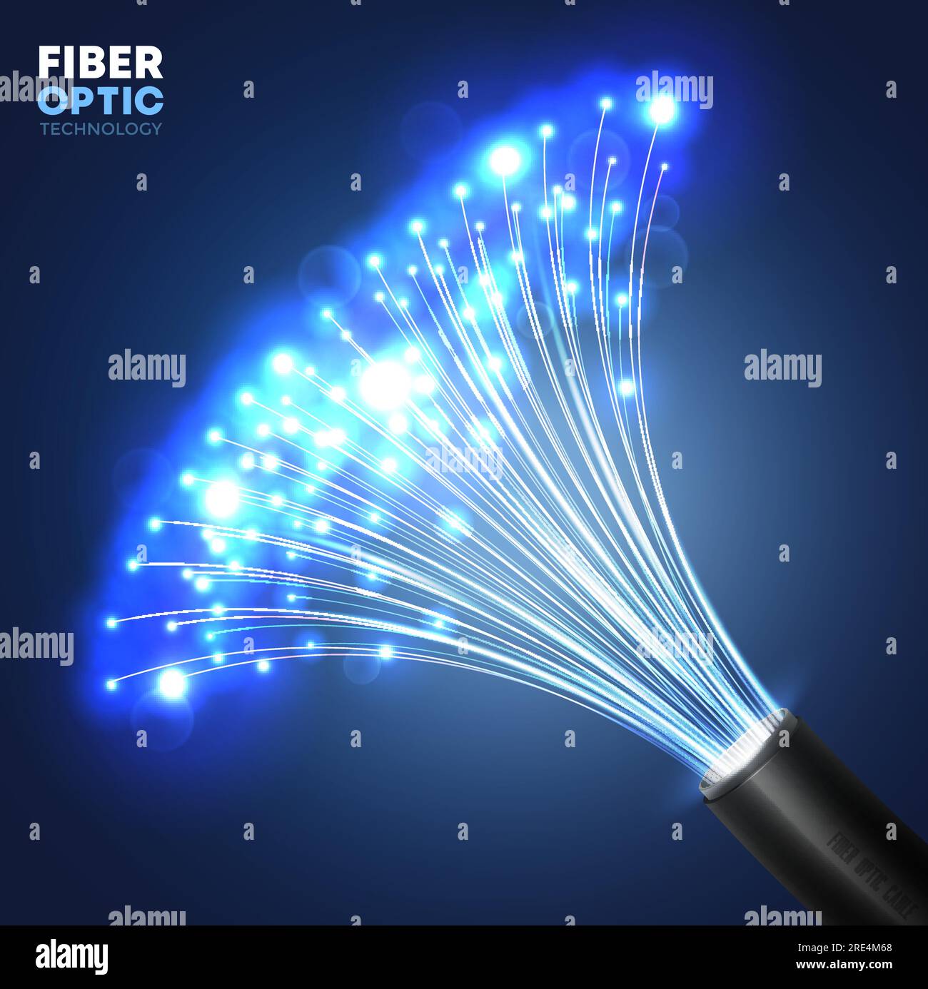 Fiber optic communication technology. Realistic vector cable with glowing bright blue light bundle of optic fibers. Telecommunication, data and Internet data transfer future tech background Stock Vector